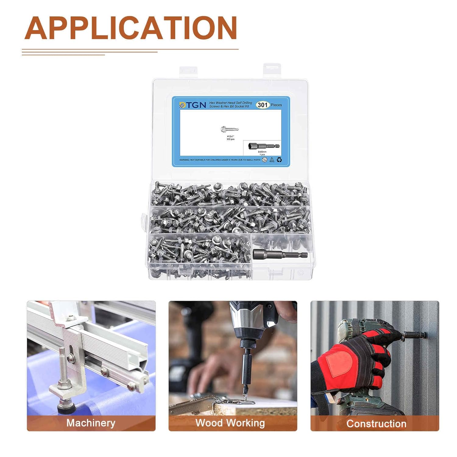 DTGN 300Pcs #12x1 Hex Washer Head Self Drilling Screws, 410 Stainless Steel Self Tapping Sheet Metal Screw Set with Washer & Hex Bit Socket