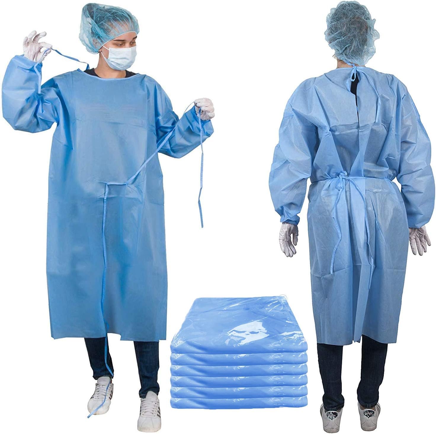 EZGOODZ Blue Disposable Isolation Gown, X-Large. Pack of 30 Polyethylene Surgical Disposable Gowns with Long Sleeves, Neck and Waist Ties. Non-Sterile Fluid Resistant Unisex Health Isolation Gowns