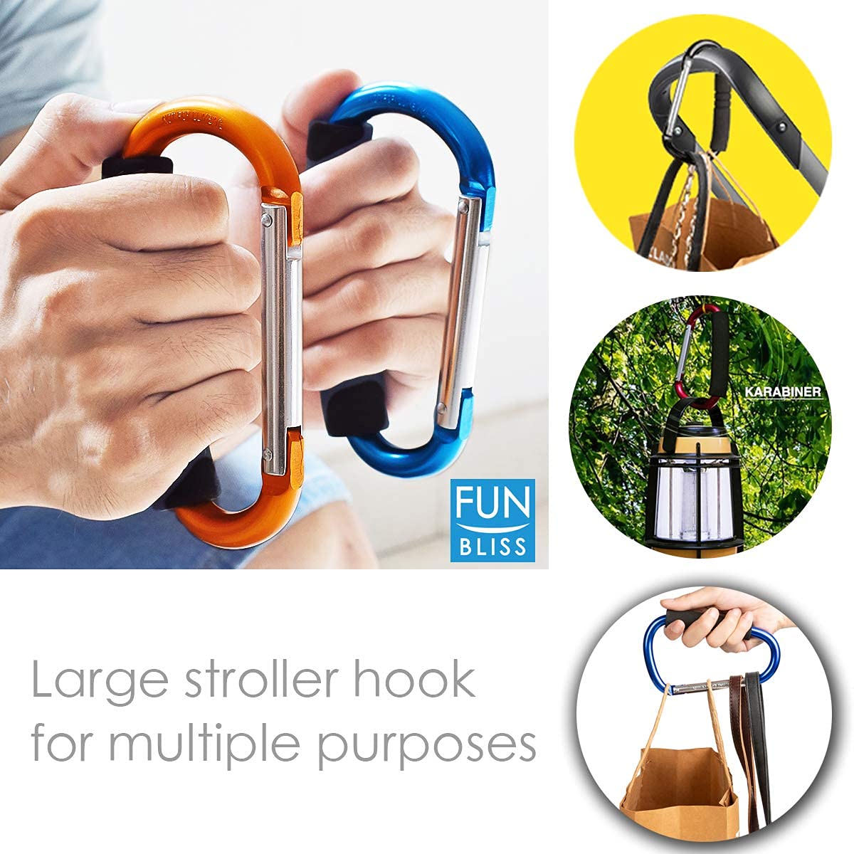 Funbliss Bag Hooks for Stroller 4 Pack,Grocery Bag Shopping Bag Holder Handle Carrier Tool,Multi Purpose Mommy Bag Hanger for Baby Diaper Bags,Pink Gold