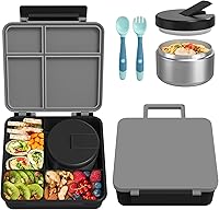 Vista 7 de Lonchera Bento con termo de sopa de 8 onzas, recipientes de comida a prueba de fugas para niños con 4 compartimentos, recipiente de comida caliente