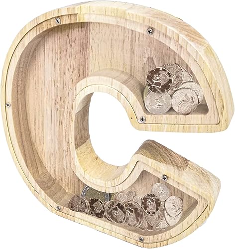 Miniatura 2 de FixtureDisplays Alcancía de madera con nombre inicial de 7 pulgadas de alto para niños, alcancía con nombre personalizado, letras del alfabeto de