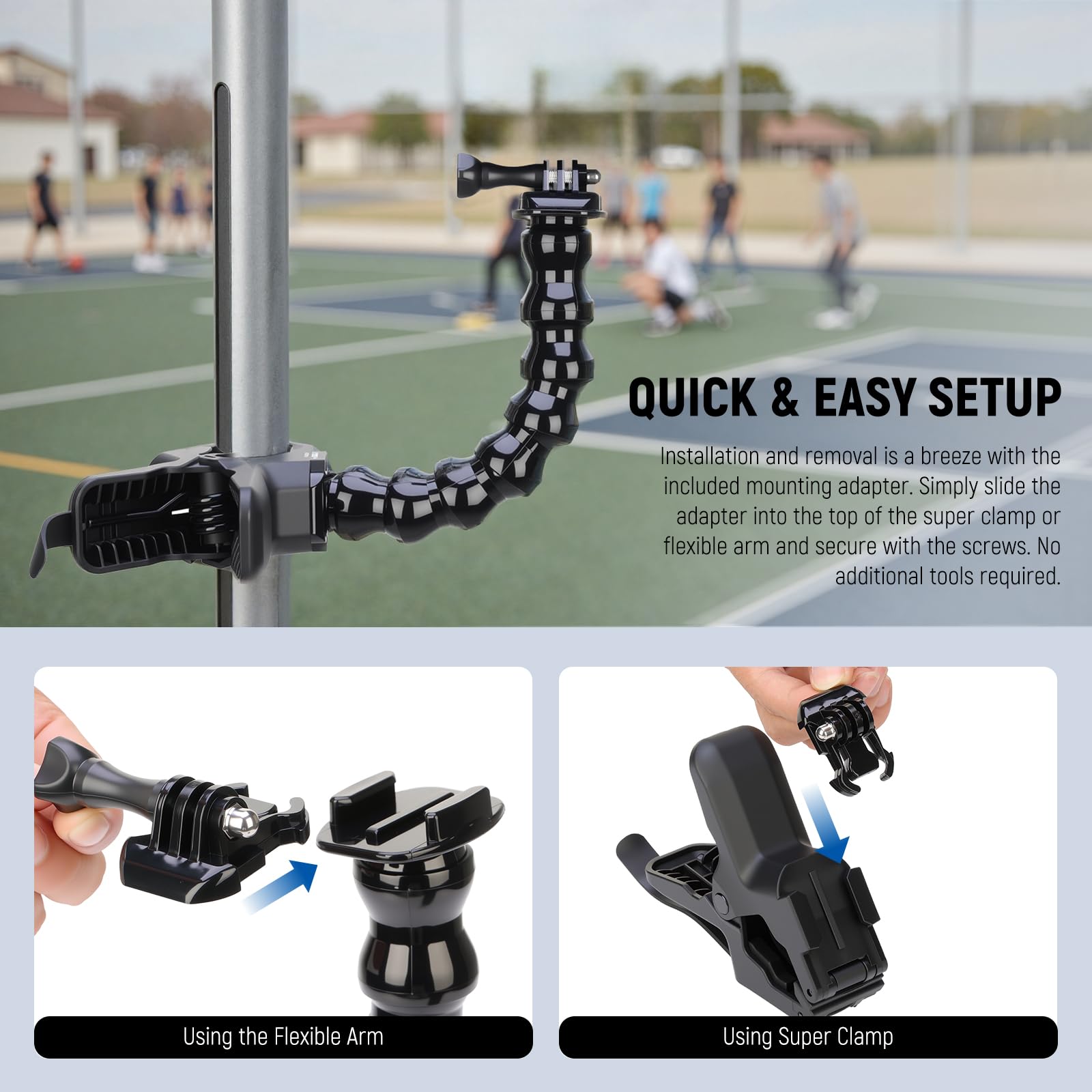NEEWER Supporto a Morsetto Flessibile Compatibile con GoPro DJI Action Camera, Sostegno a Super Clamp Flessibile, Clip per Asta Scrivania con Tubo e Adattatore, Accessori per Foto/Videografia, GP-80