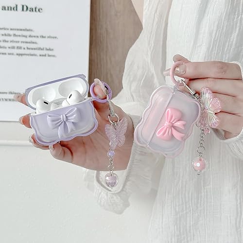 Miniatura 6 de Funda transparente compatible con AirPods Pro 21, diseño de lazo 3D, diseño de lazo 3D, con llavero de mariposa, funda protectora de TPU suave y kit
