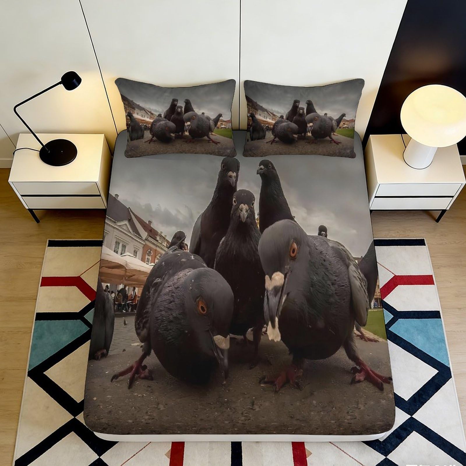 3D Printed Funny Pigeon Street Fitted Sheet Microfiber Dark Urban Bird Mattress Cover for Bedroom Dorm Decor 90x200x25cm