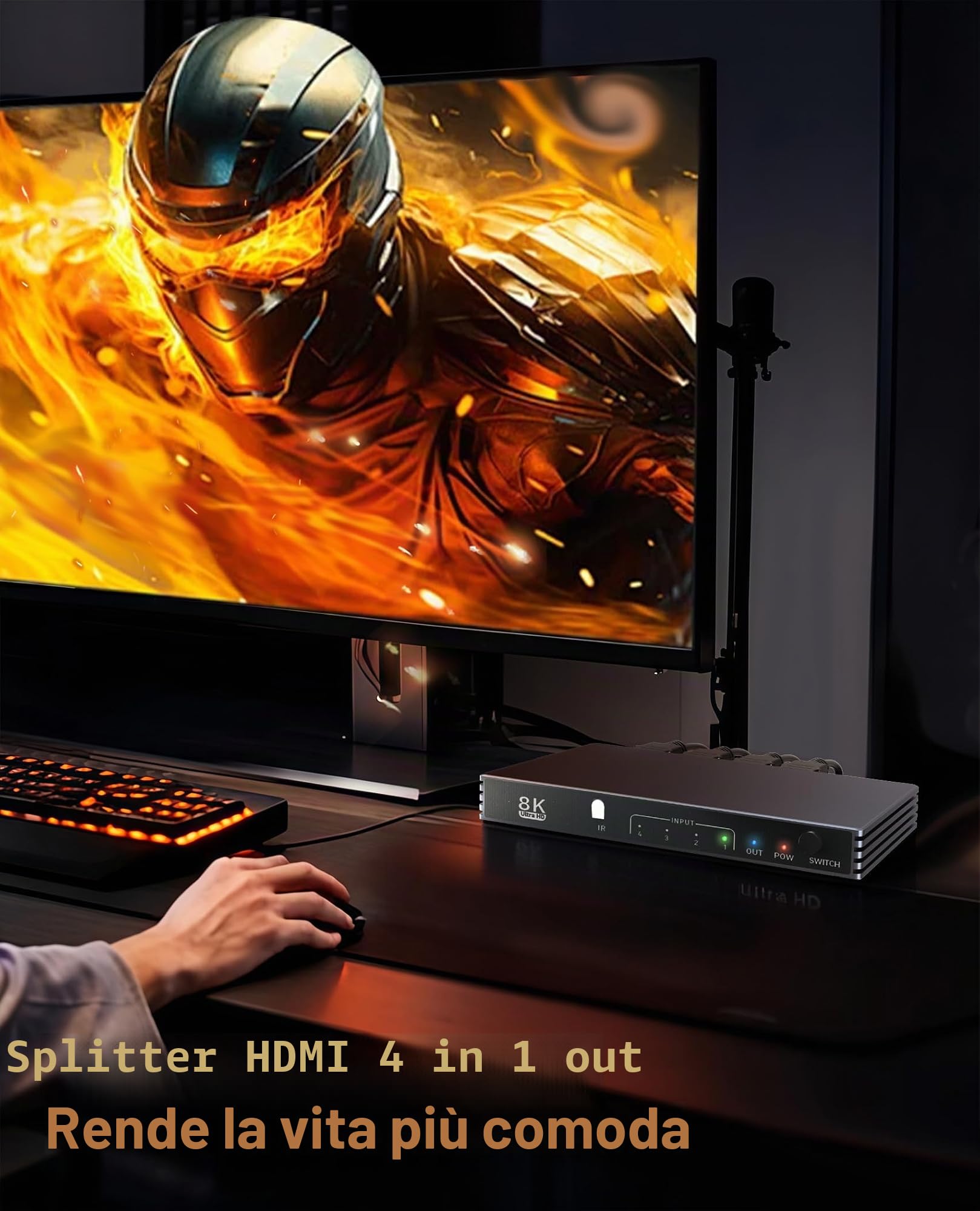 Splitter HDMI 8K 4K 240Hz HDMI Switch 4 in 1 Out - 4 porte Switcher con telecomando 8K @60Hz 4K @240Hz HDR10+ HDMI2.1 3D CEC HDR HDCP2.3, utilizzato per PS5/4/3 Xbox DVD Player Nintendo PC Fire Stick