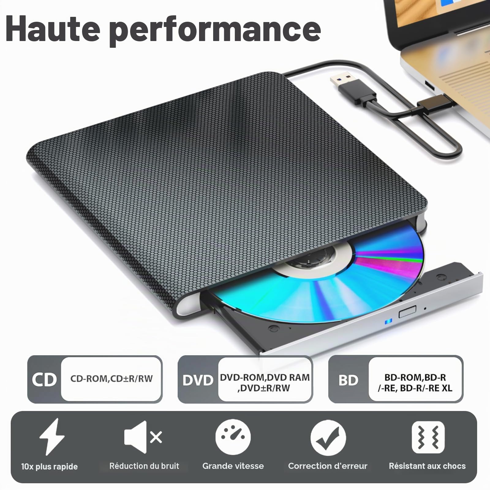 Lecteur Blu - Ray Externe Lecteur Blu - Ray Lecteur DVD/BD Lecture/écriture Lecteur Blu - Ray Portable USB 3.0 et Type - C DVD Burner Ultra HD Blu - Ray Burner pour Windows 7/8 / 10/11/MacOS