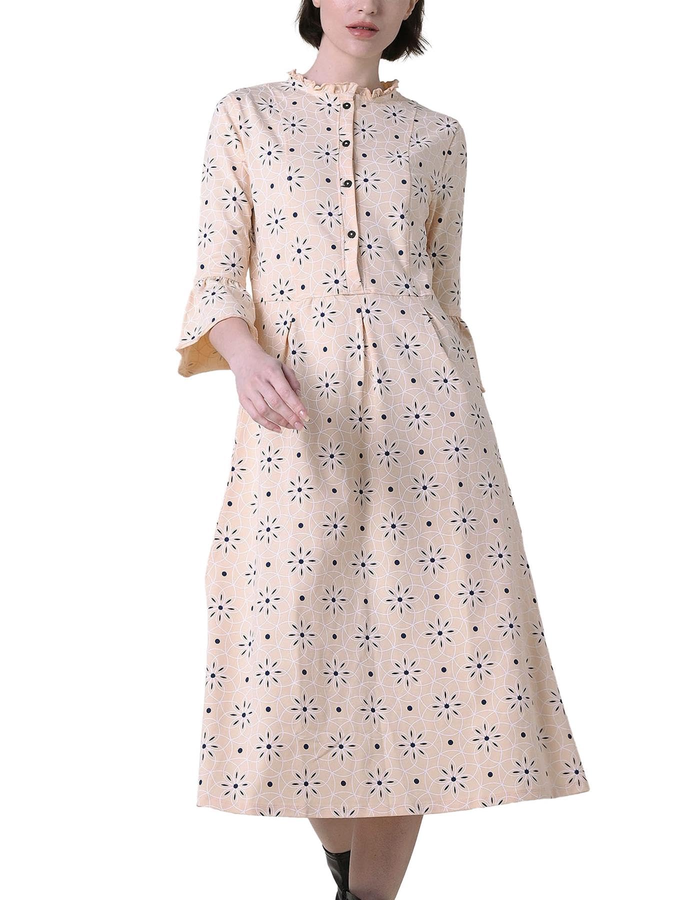 Enorsia Women's Cream Ditsy Floral Flounce Sleeve Midi Dress - Uk 14
