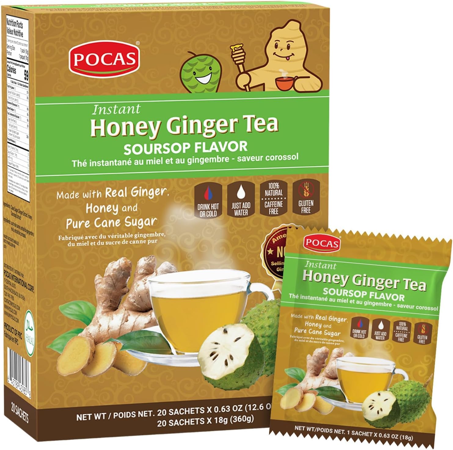 Honey Ginger Instant Tea Powder, Soursop Flavor, Real Ginger Extract & Sweetener, Caffeine-Free Tea, 20 Packets