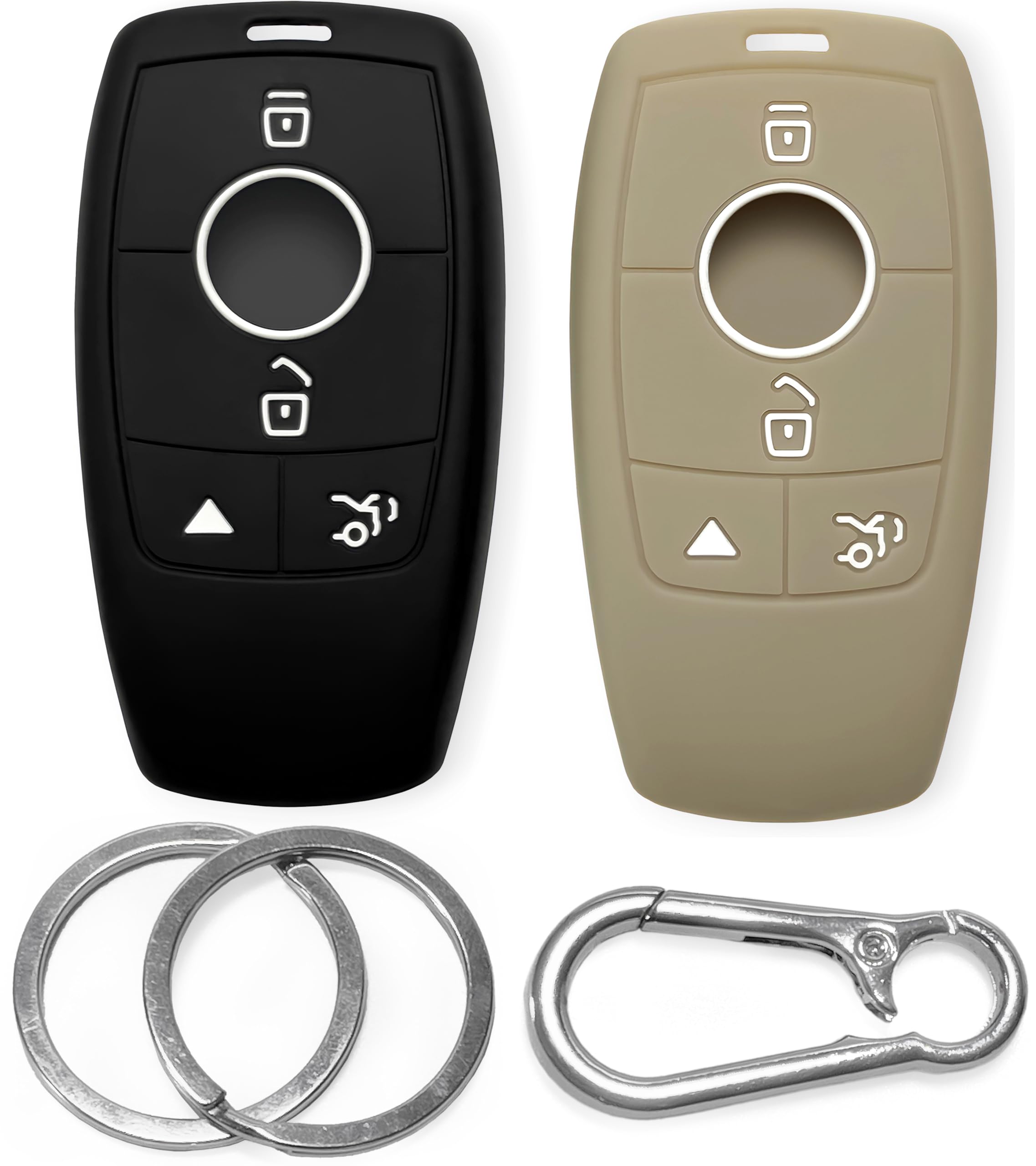 2pcs Click&Fit Silicone Key Shell Covers Compatible with 2017-2021 Mercedes A C-Class CLA CLS GLC GLA GLK GL SLK GT SLS E-Class G-Class S-Class – Car Remote Key Fob Protectors 4-Buttons, Black&Beige
