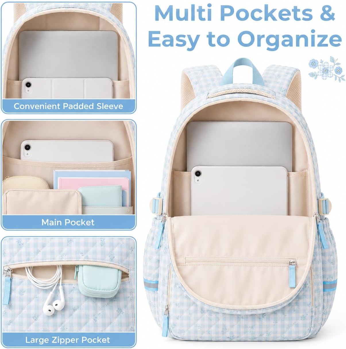 WOBAGMEN Backpack for Women,Cute Quilted Backpack with Multi-Pocket, Lightweight Anti Theft Bookbag Fits 15.6" Laptop (Blue Floral Gingham, M) image 4