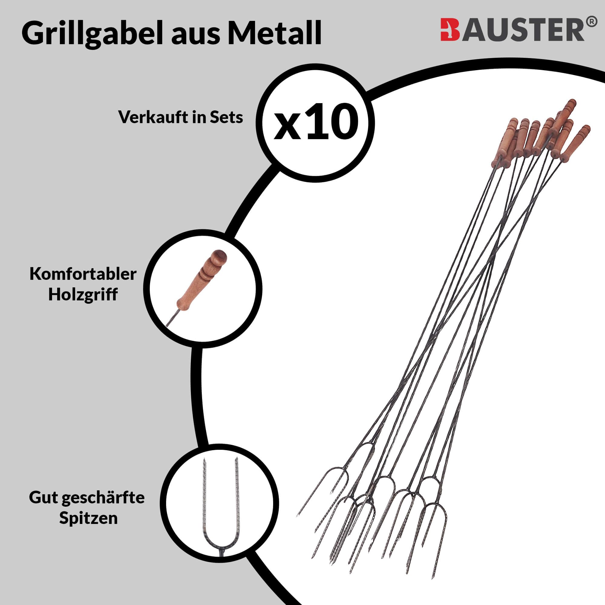 Widelce do grillowania, zestaw 10 szt. – szaszłyki z drewnianym uchwytem i czarną stalą – 120 cm – do kiełbasek, chleba stockowego, pianek