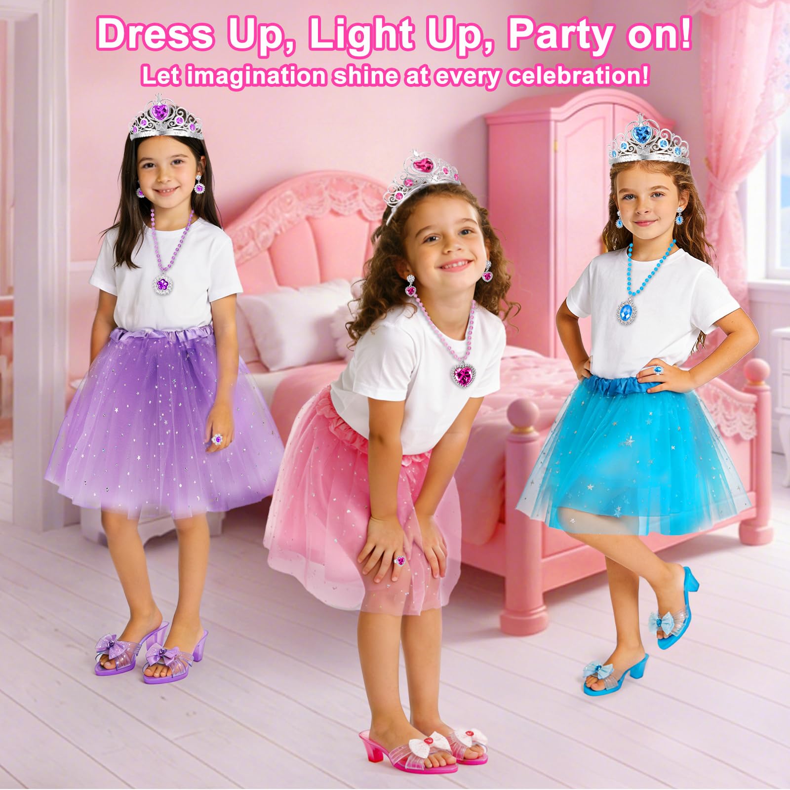 Princesa Zapatos Juguetes para Niñas,Zapatos Princesa Niñas, Princesa Juguetes Niña con 3 Pares de Zapatos, 3 Tutu Niña, Corona, Collar, Regalos Niñas para Navidad Cumpleaños para 3 4 5 6 Años