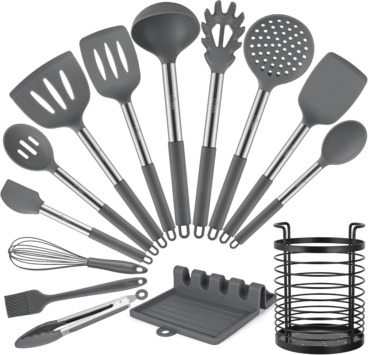 HOTEC 446°F Heat Resistant Silicone Kitchen Utensils, Cooking Utensil Set, Spatula Set, BPA Free, Kitchen Gadgets, with Stainless Steel Utensils Holder, Dishwasher Safe, 14pcs Grey