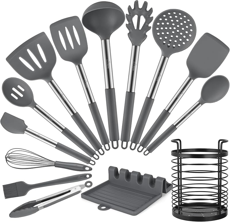 HOTEC 446°F Heat Resistant Silicone Kitchen Utensils, Cooking Utensil Set, Spatula Set, BPA Free, Kitchen Gadgets, with Stainless Steel Utensils Holder, Dishwasher Safe, 14pcs Grey