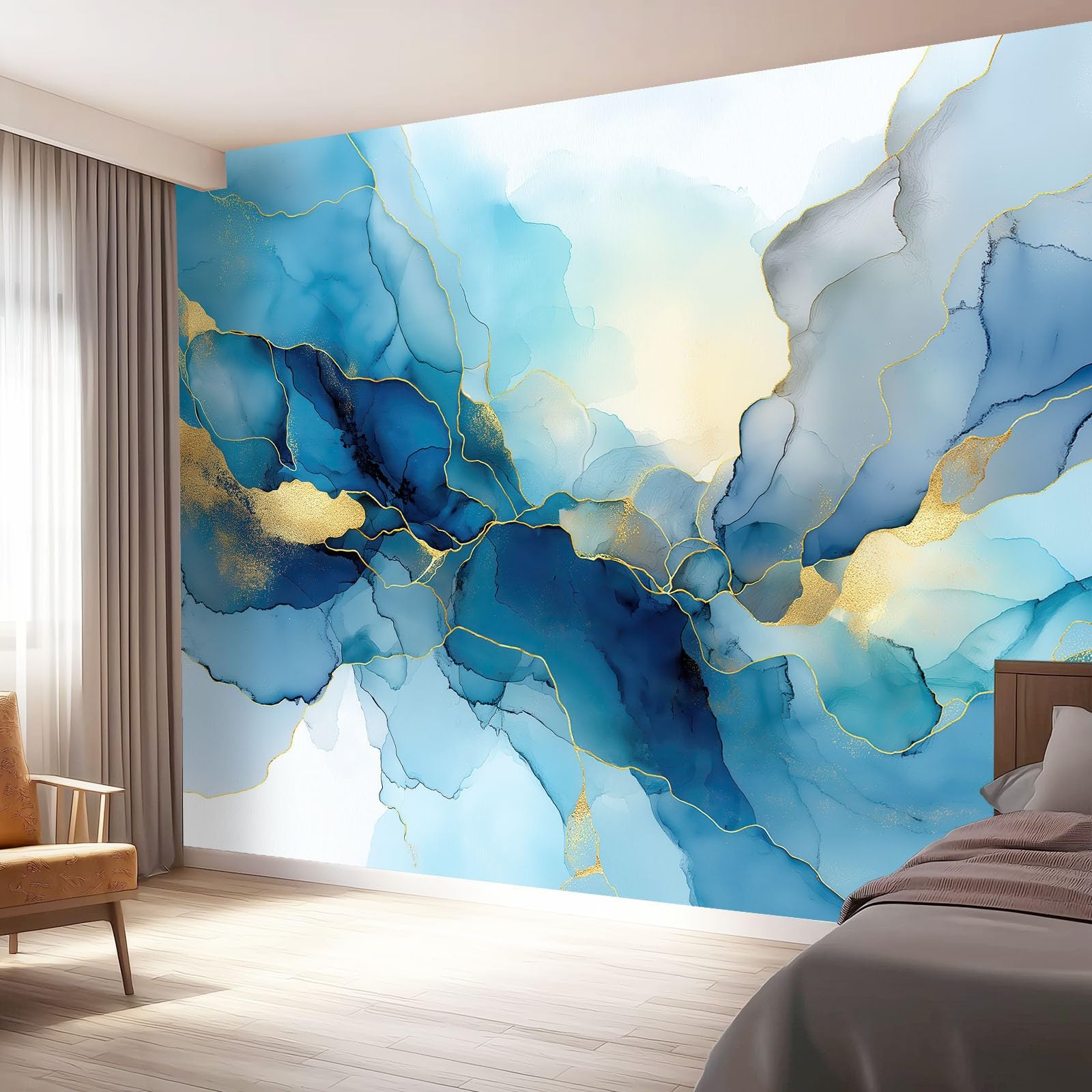 Tapeta z motywem, 250 x 175 cm, sztuka, akwarela, złoty liść, wodoodporna dekoracja ścienna do pokoju młodzieżowego i kącika gamingowego, niebieska