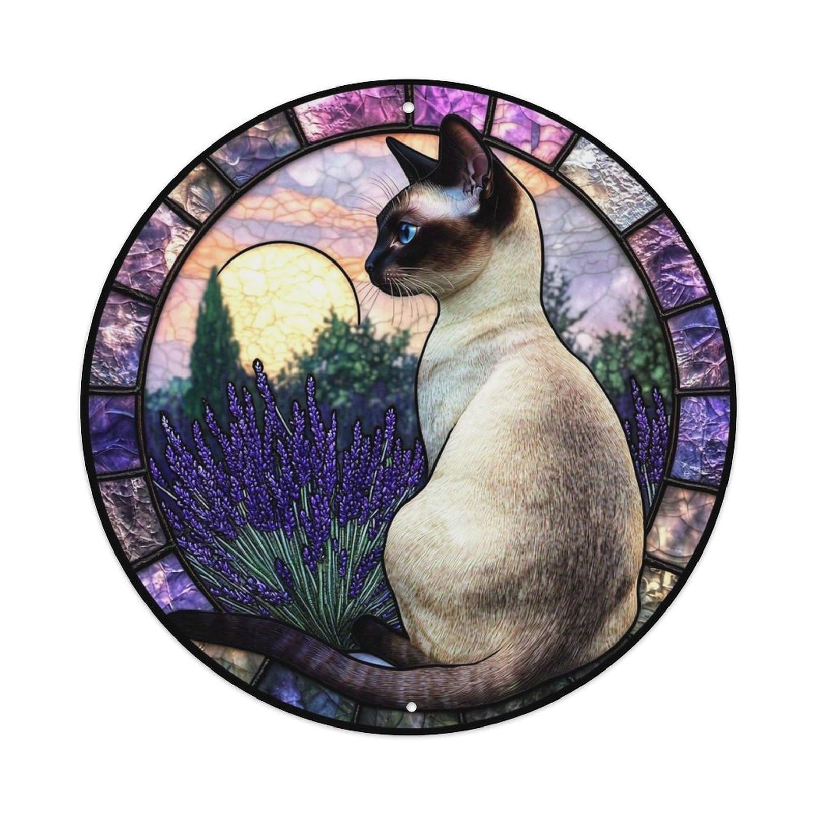 Stained Glass Cat Lavender Sunset Scene Round Tin Sign Vintage Metal Sign Home Bar Garden Indoor & Outdoor Wall Decor Retro Metal Poster 8x8 Inch