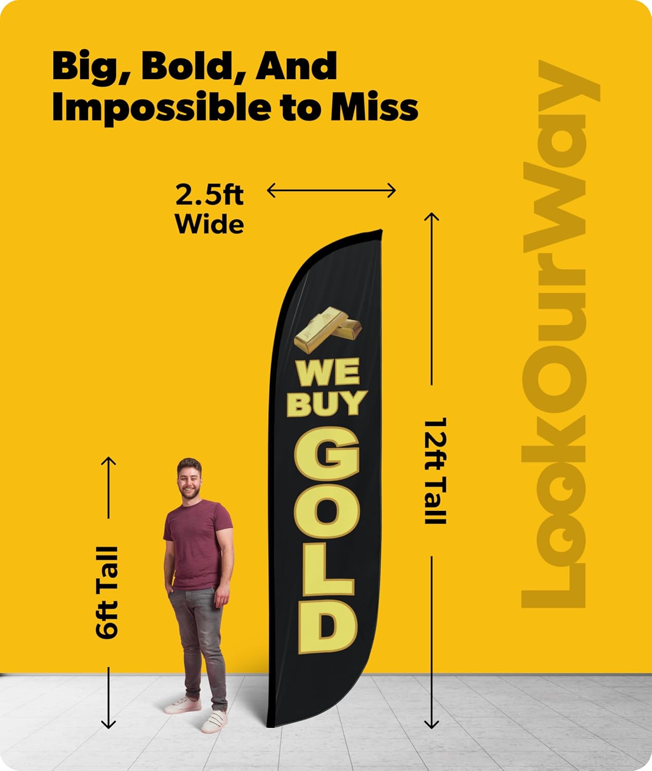 LookOurWay Feather Flag Banner - 12 Feet Tall Advertising Flags for Outdoor Business and Events Promotion - Swooper Flag Only - Financial Service Flags - We Buy Gold (10M1200284)