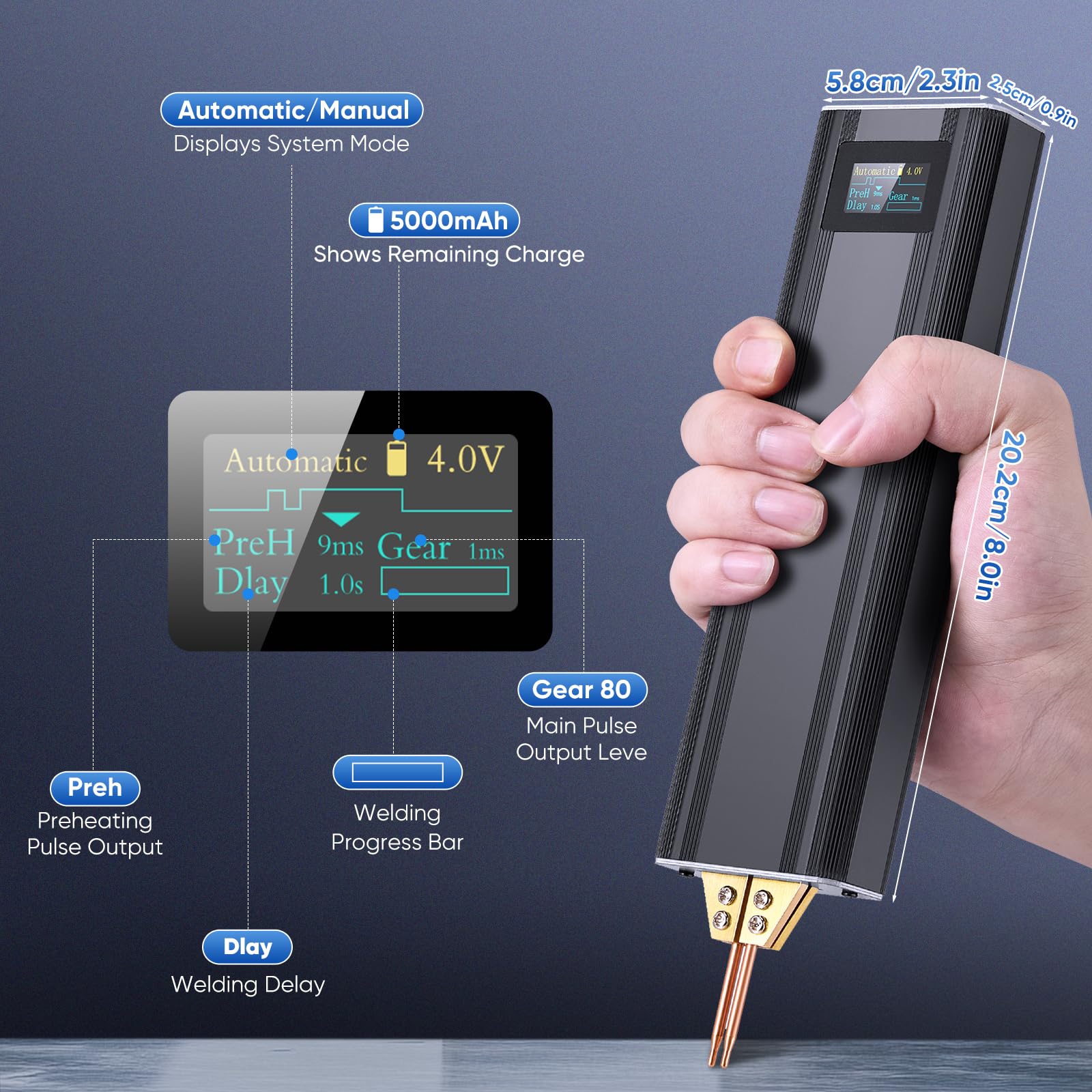 Soudeur par Points avec Batterie, Soudeuse par Points,5000 mAh, écran OLED, chargement Type-C, Automatique et Manuel, 80 Vitesses Réglables pour Les Batteries de Bricolage