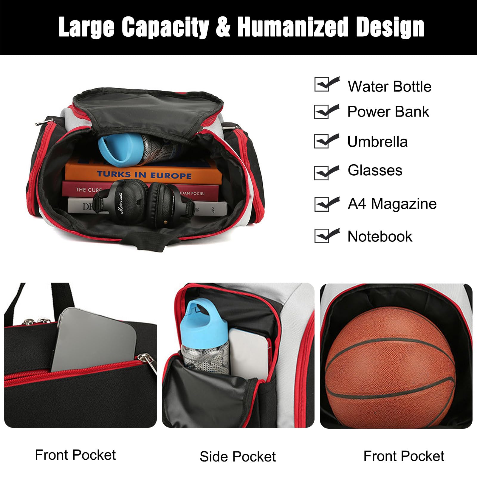 FANDARE Sac à Dos de Basket-Ball Grand Sac de Foot Sacs à Dos Cartables Sacs portés Dos Sac d'épaule pour Le Football, Volley-Ball,Voyager,Étudiant Daypacks Noir Rouge