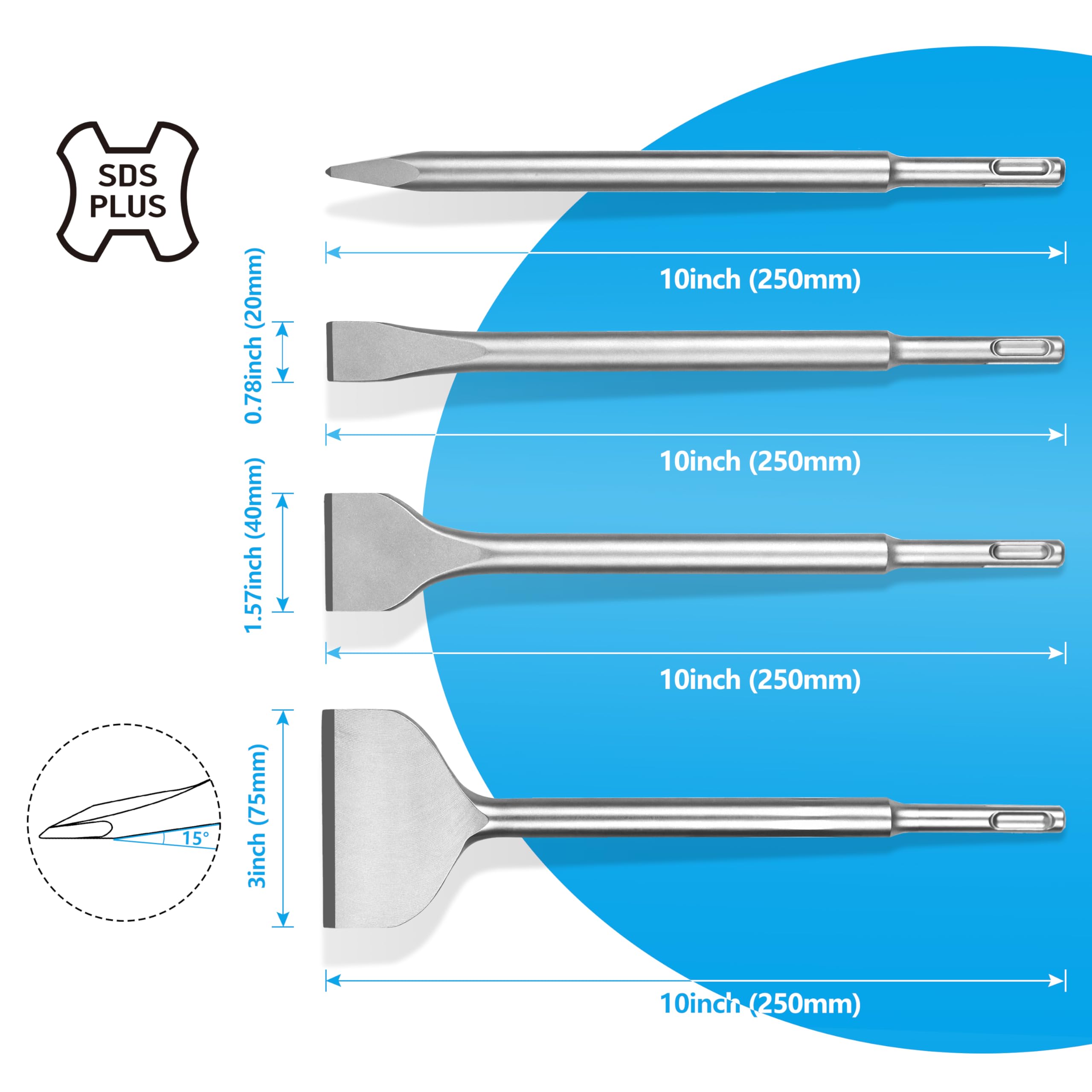 Nucraft Set di 4 scalpelli in acciaio SDS Plus, largo, piatto, appuntito, in Acciaio per Cemento, Mattone, Muro e Granito