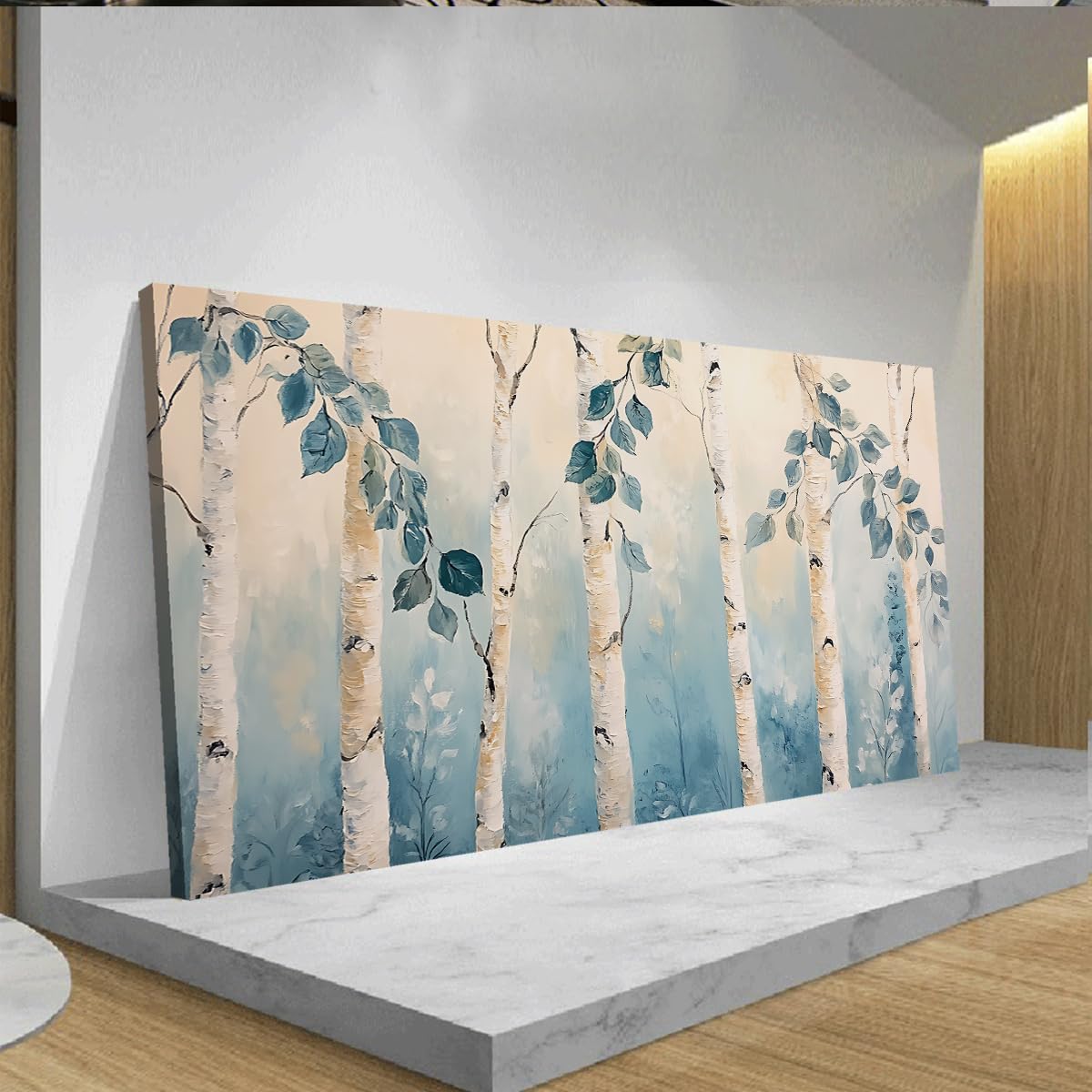 CHERHERART Art mural en toile Bouleau Forêt Affiche paysagère Décoration bleu blanc Image sur photo nature pour salon Chambre Bureau à domicile 80x170cm Sans cadre