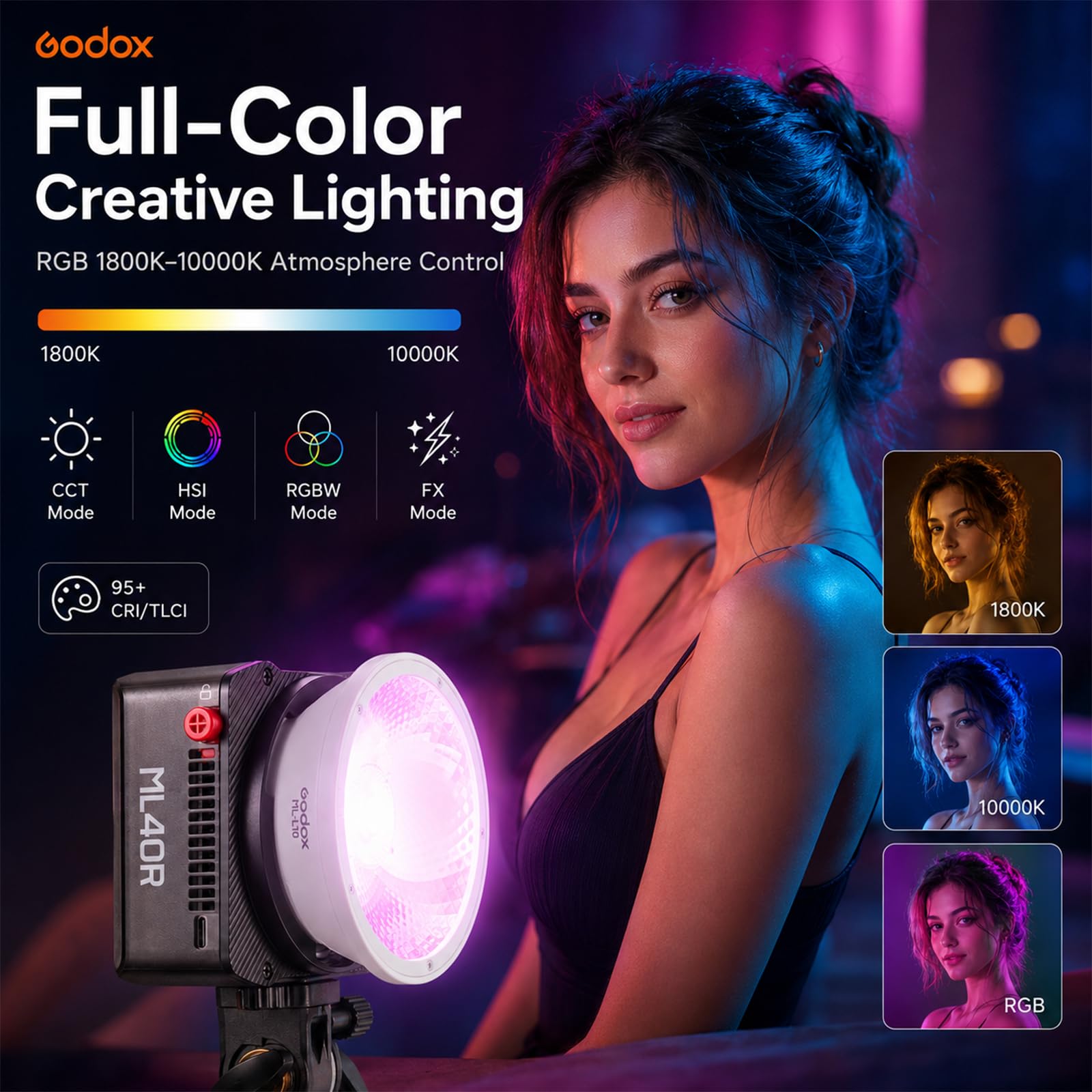 Godox ML40R Luce Video LED RGB, 12300Lux @1m con ML-L10, 1800K-10000K, HSI RGBW, CRI/TLCI 95, 14 Effetti FX, App NFC, Godox Mount, USB-C per Vlog Streaming
