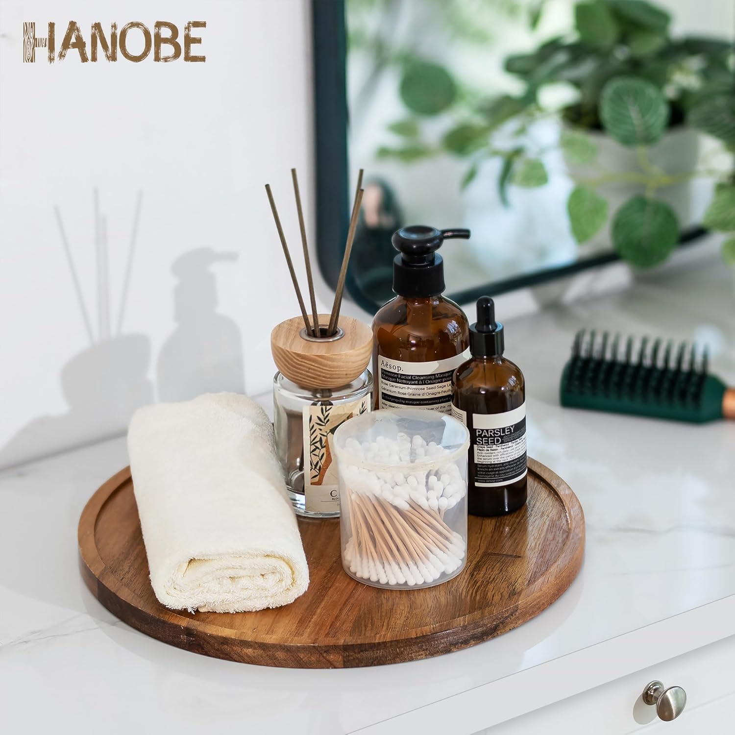 Hanobe Wood Tray Lazy Susan: Round Acacia Wooden Turntable Decorative Coffee Table Trays for Kitchen Counter Centerpiece Organizer Decor for Cabinet