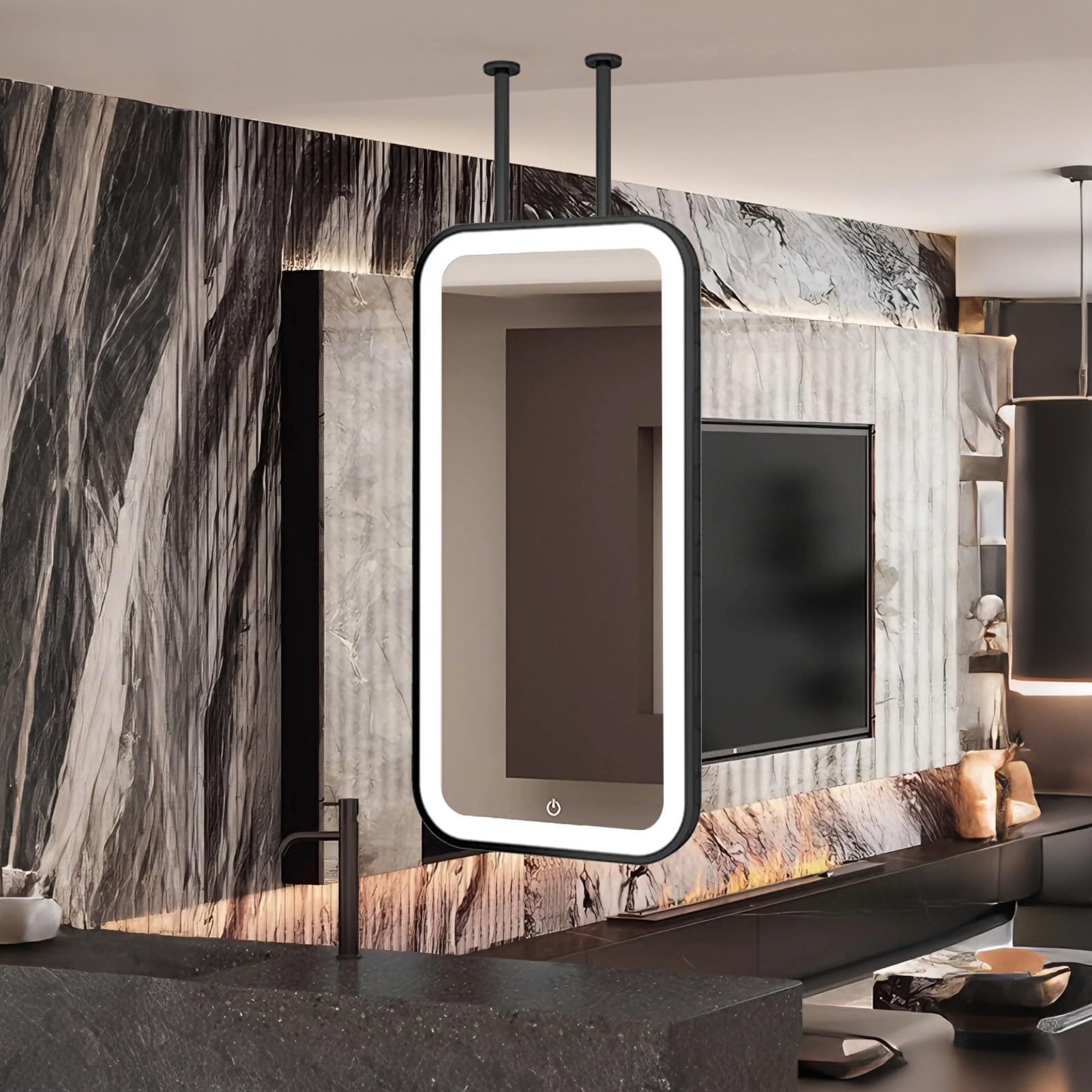 FGXHHS Black Rectangle Ceiling Mounted Mirror - Metal Frame LED Illuminated Floating Decor Mirrors Suspended Double Rods Bathroom Vanity Customizable(40cmx60cm)