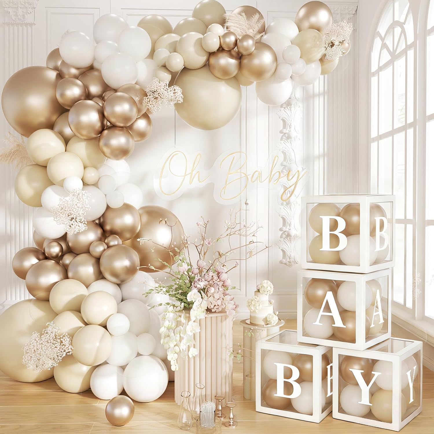 Neutral Baby Shower Decorations, 137pcs Champagne Gold White Balloon Arch with Baby Balloon Boxes, Boho Welcome BABY Beige Party Decorations for Neutral Baby Shower Boy Girl Gender Reveal Christening