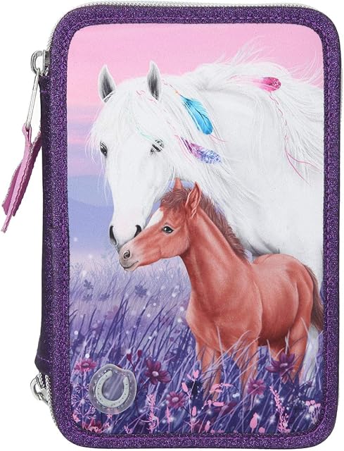 Depesche 11436 Miss Melody - wypełniony potrójny piórnik z LED i bajecznym motywem konia, fioletowy piórnik o wielkości ok. 7,5 x 13 x 20 cm, z filcowymi i kredkami, linijką, nożyczkami, klejem, itp.