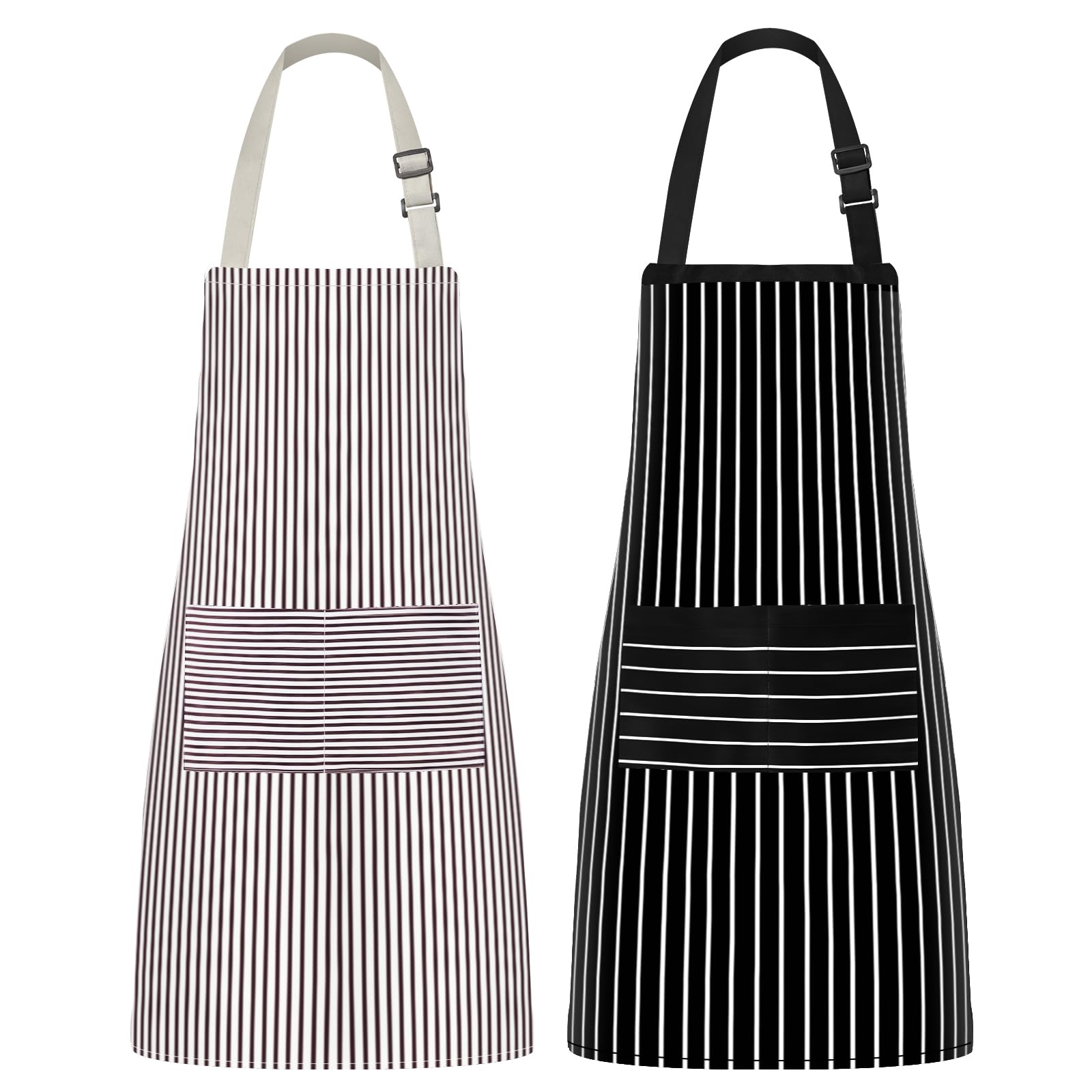 Syntus 2 Pack Adjustable Bib Apron with 3 Pockets Cooking Kitchen Aprons for Women Men Chef, Pinstripe