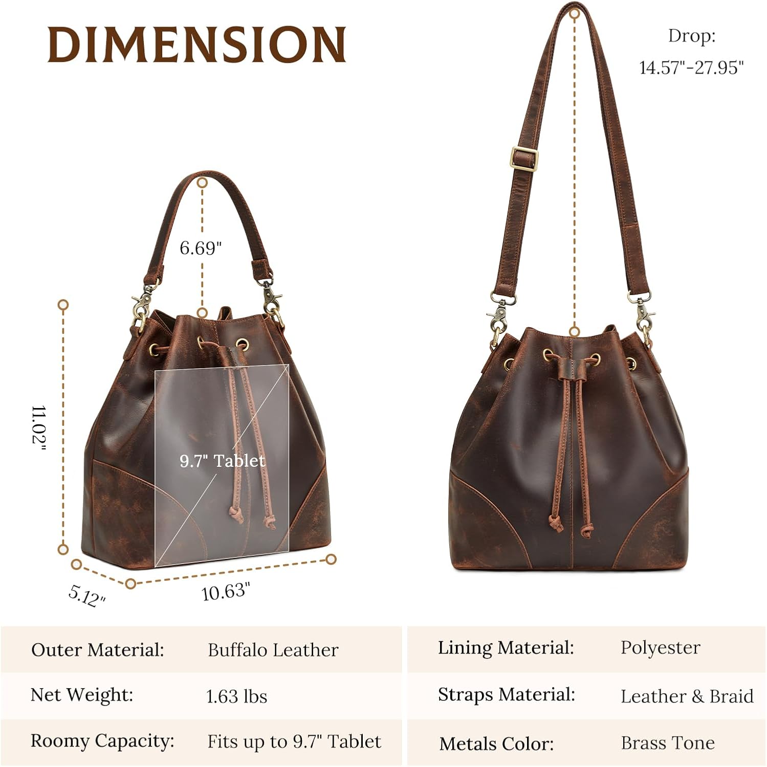 S-ZONE Genuine Leather Bucket Bags for Women Drawstring Crossbody Purses Shoulder Top Handle Handbags with 2 Straps