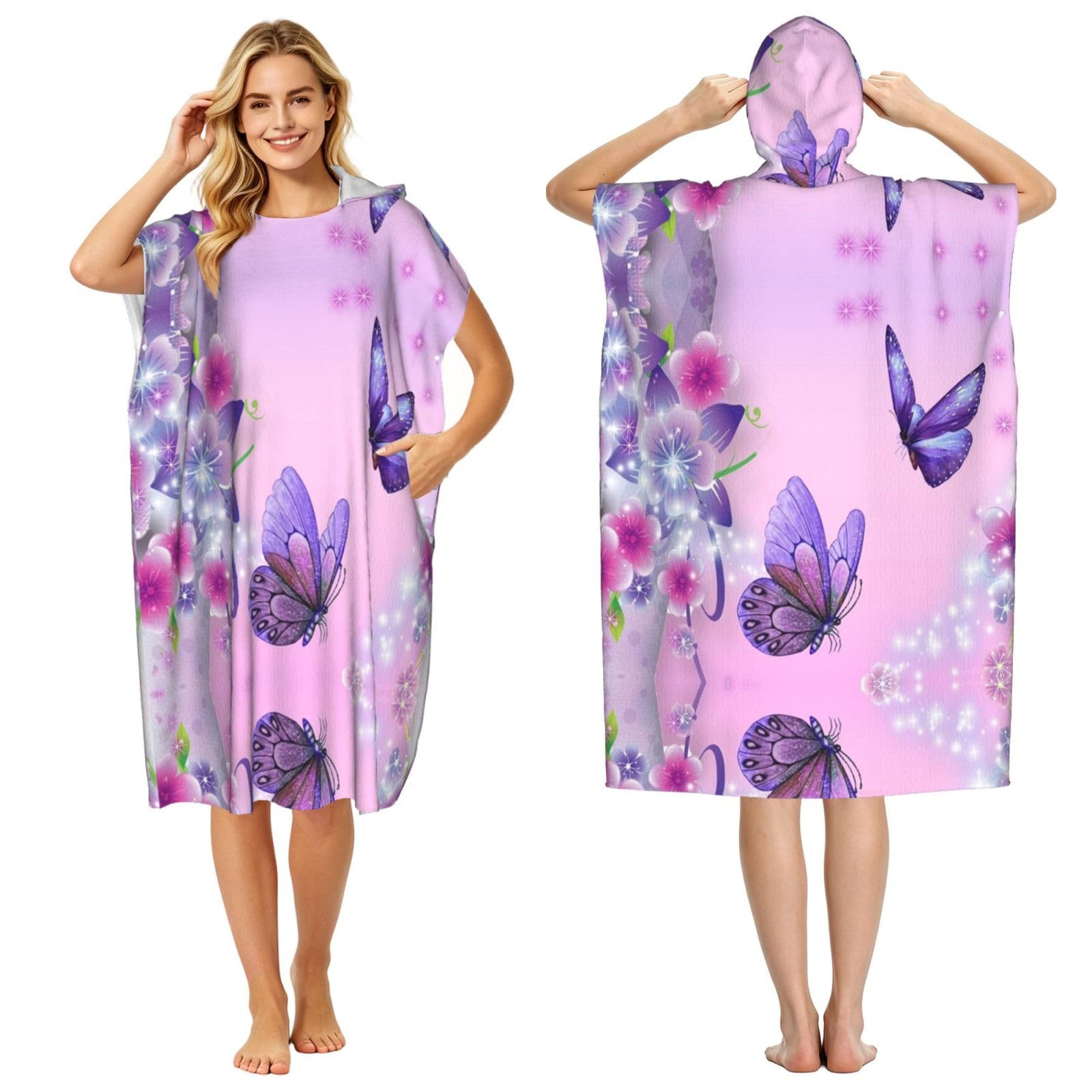 Poncho plage et piscine imprimé papillon | Peignoir à capuche léger pour adulte