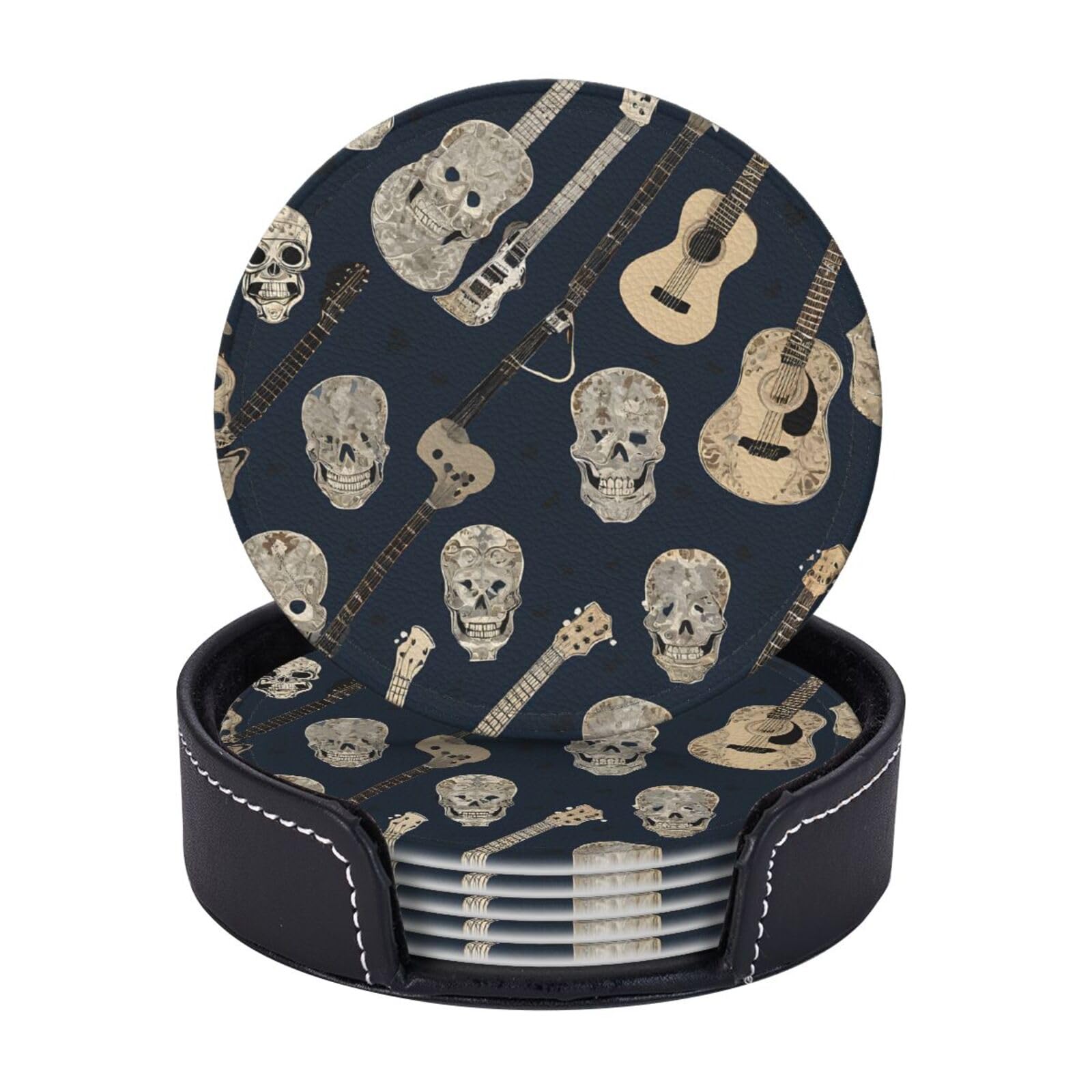 Coasters Set of 6 Microfiber PU leather Coasters with Holders for Drinks Coffee Bar Accessories, House Apartment Coffee Table Decor, Housewarming Gifts - Mexican Skull