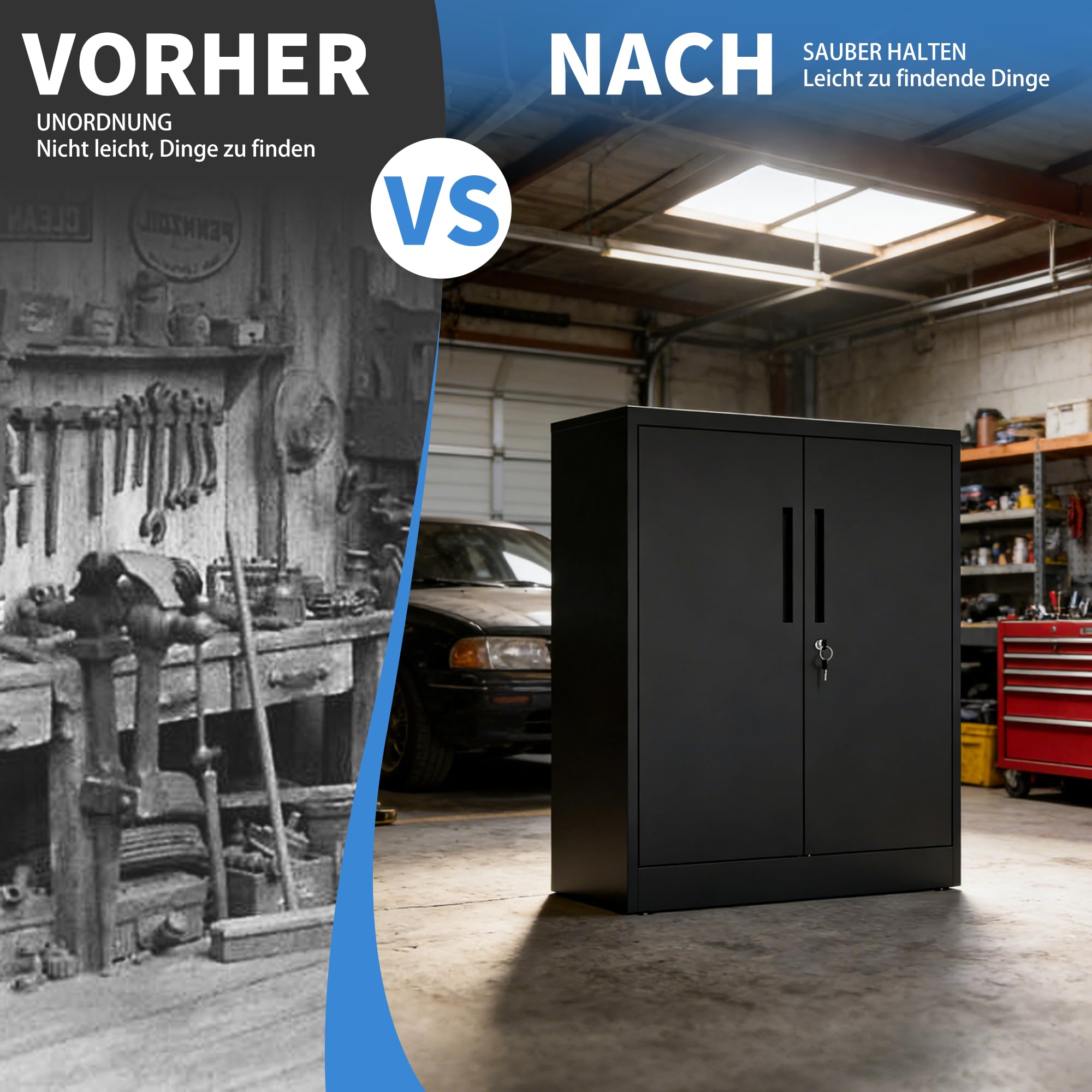 Metallschrank, Stahl-Aufbewahrungsschrank, Aktenschrank mit 2 Türen, Mehrzweckschrank mit 2 Verstellbare Regale, Schränke abschließbar für Büro, Wohnzimmer, Garage