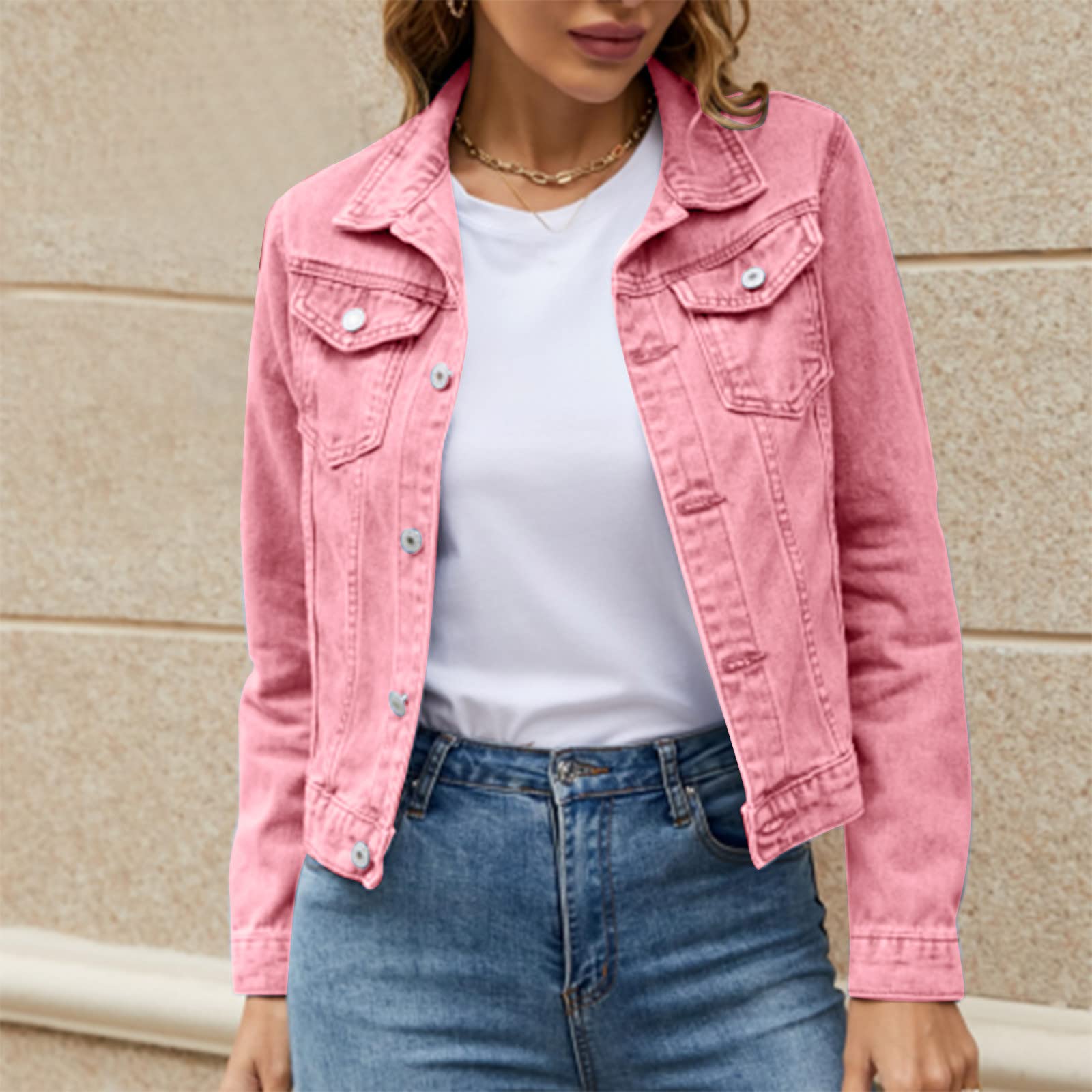 Giacca di jeans da donna sciancrata luminosa, basic, tinta unita, con bottoni, in cotone, con tasche, giacca di jeans