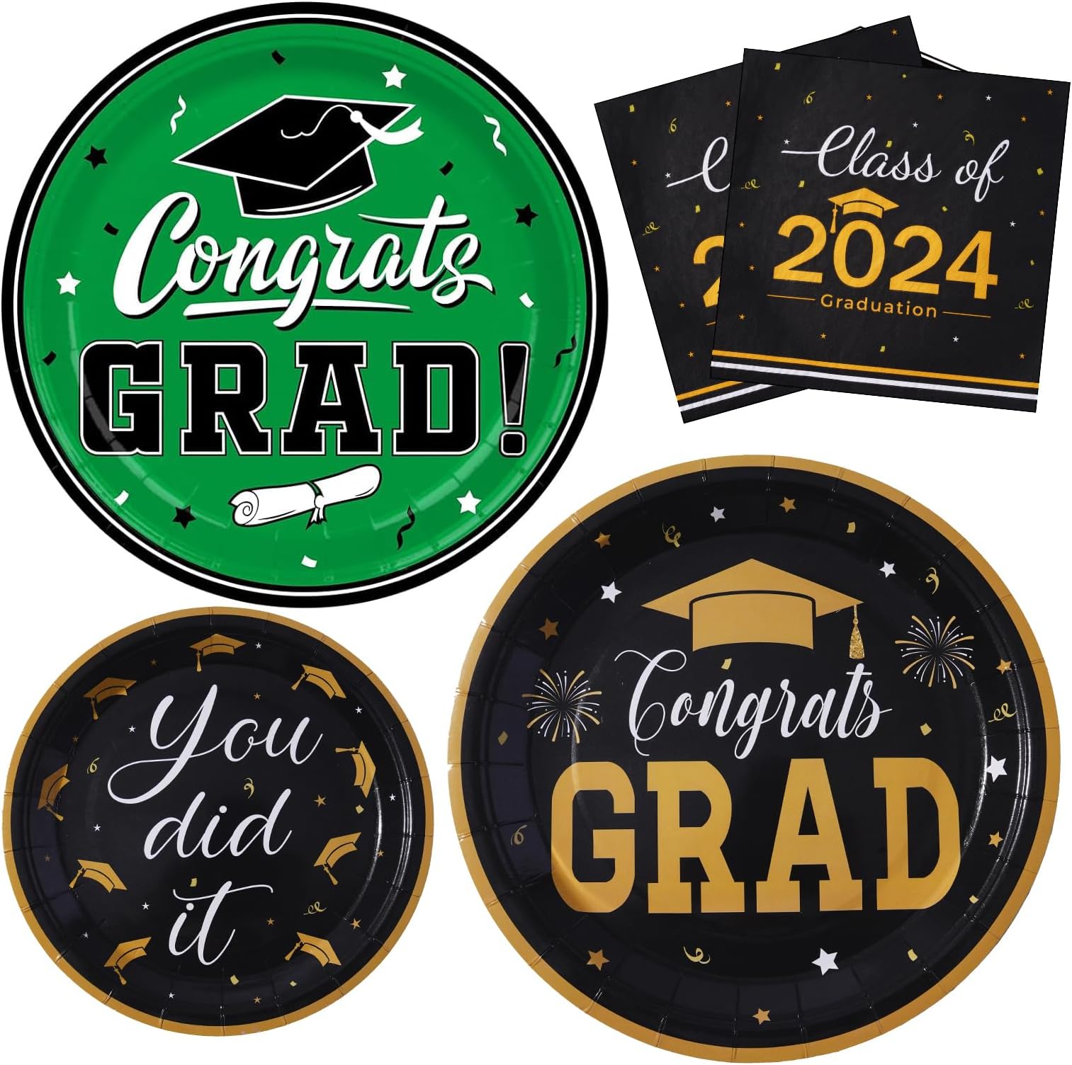 HOMIXGraduation Plates and Napkins Class of 2024, Serves 50 Black Gold Graduation Party Supplies Disposable Paper Dinnerware Sets