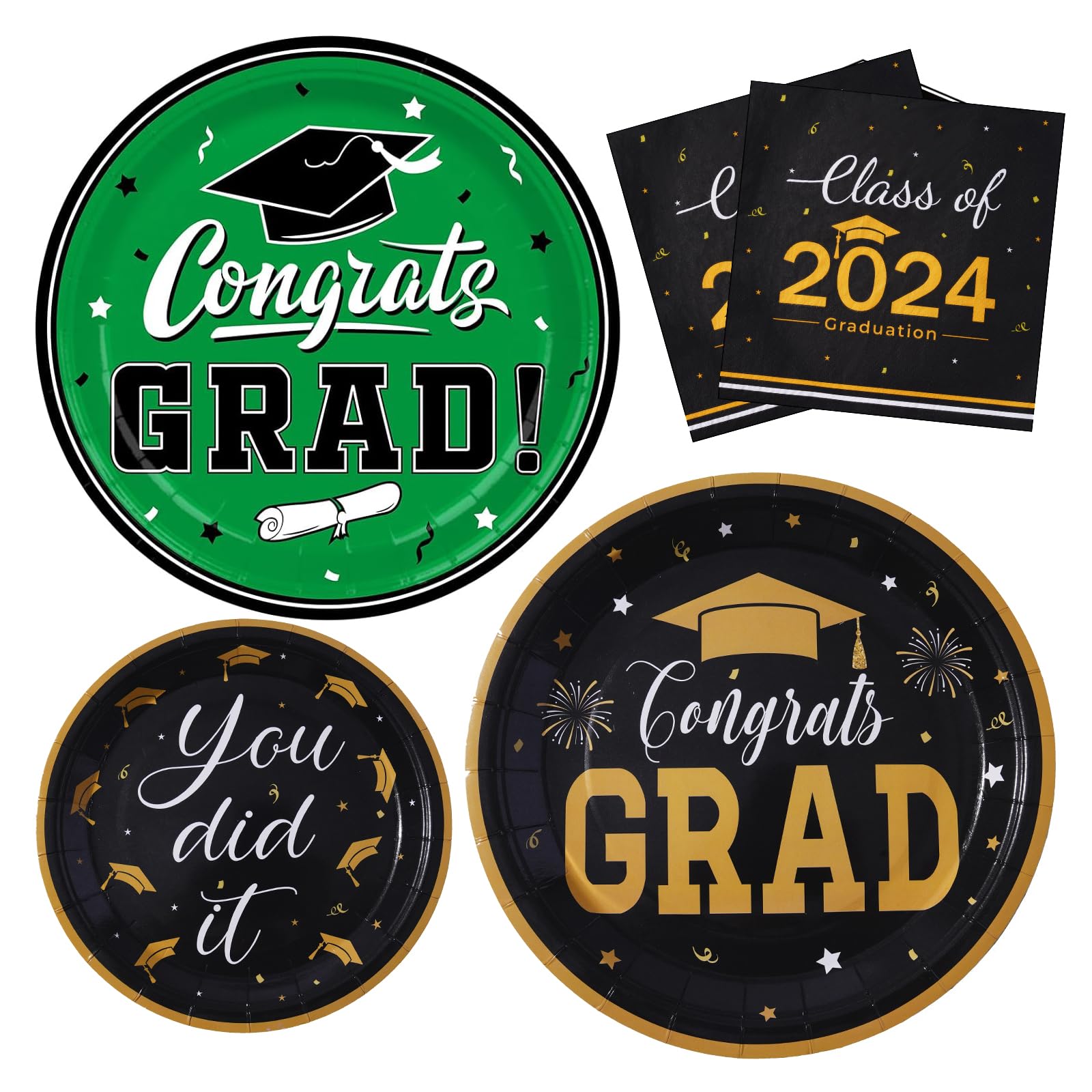 HOMIXGraduation Plates and Napkins Class of 2024, Serves 50 Black Gold Graduation Party Supplies Disposable Paper Dinnerware Sets