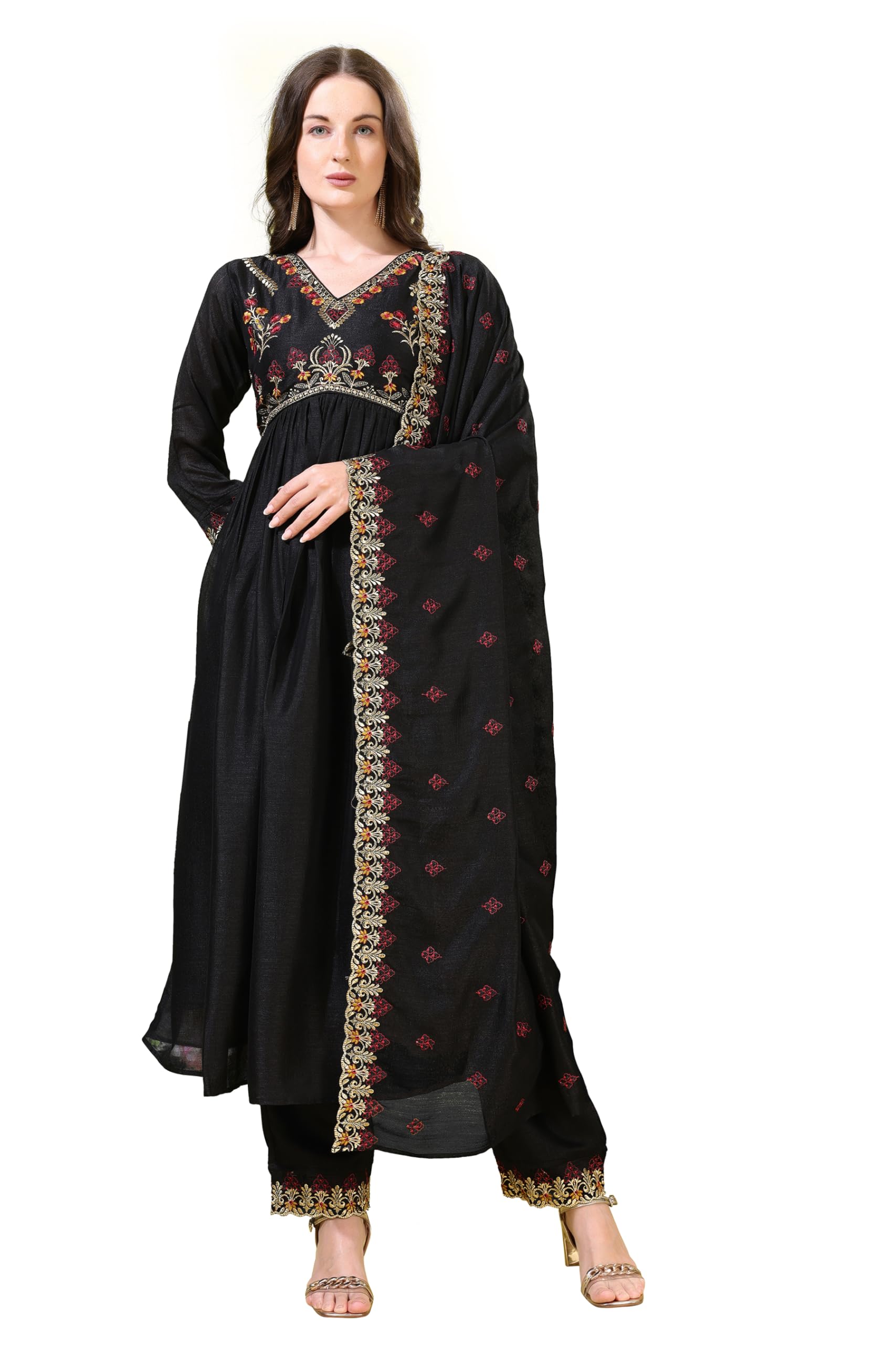 Pratham Blue Women's Silk Embroidered Regular Kurta Set (Bkp-1029-Xxl_Black