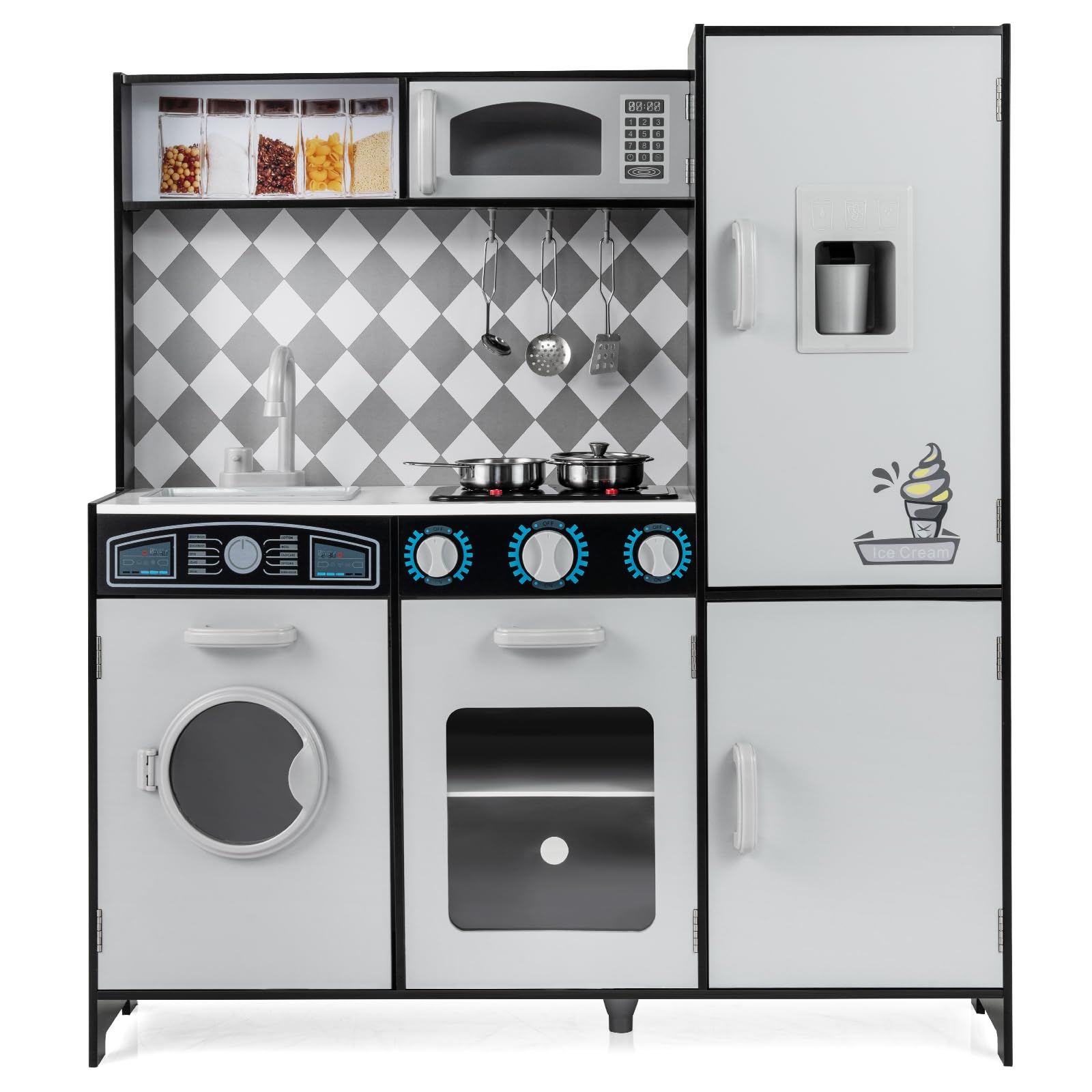 COSTWAY Kids Wooden Kitchen, Pretend Play Kitchen with Light, Sound, Ice Maker, Washing Machine, Oven, Microwave & Utensils, Large Children Chef Role Playset for Boys Girls (Grey+Black)