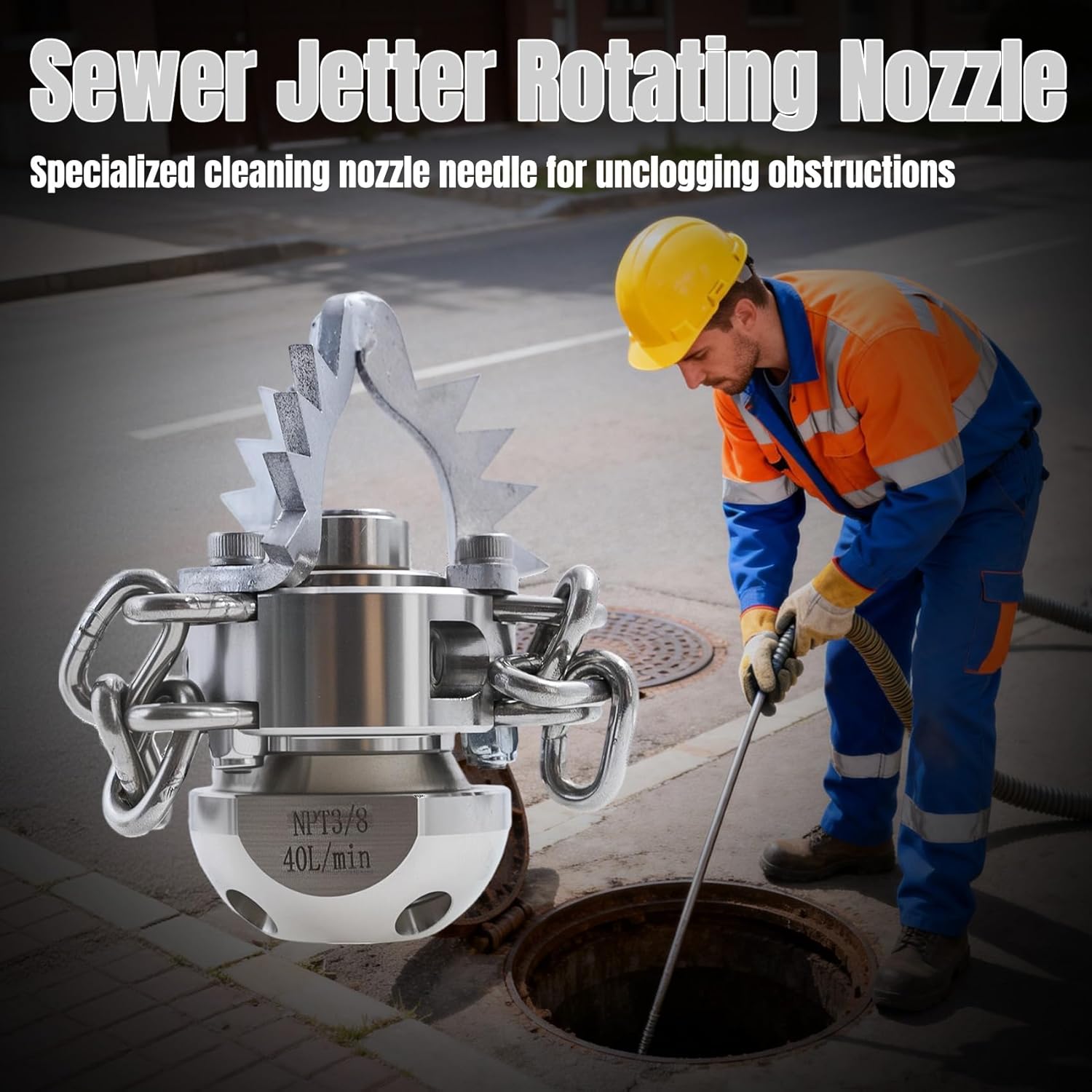 3/8 NPT Sewer Jetter Rotating Nozzle Root, 40L/Min, 360° High Pressure Cleaning Tool (with Detachable Chain), Suitable for Home Drains, Commercial Pipes, Industrial Pipes