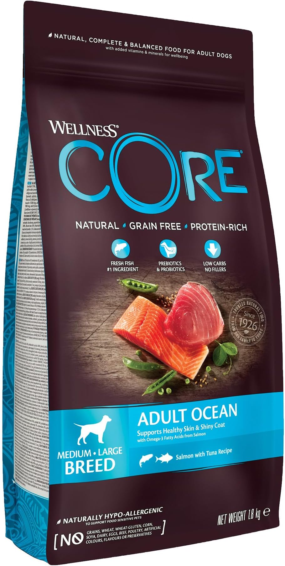Ocean 1.8 kg, Salmon & Tuna – Dry Dog Food for Medium to Large Breeds, Grain-Free, Natural, Hypoallergenic, Protein-Rich, High Fish Content, Supports Healthy Skin & Shiny Coat