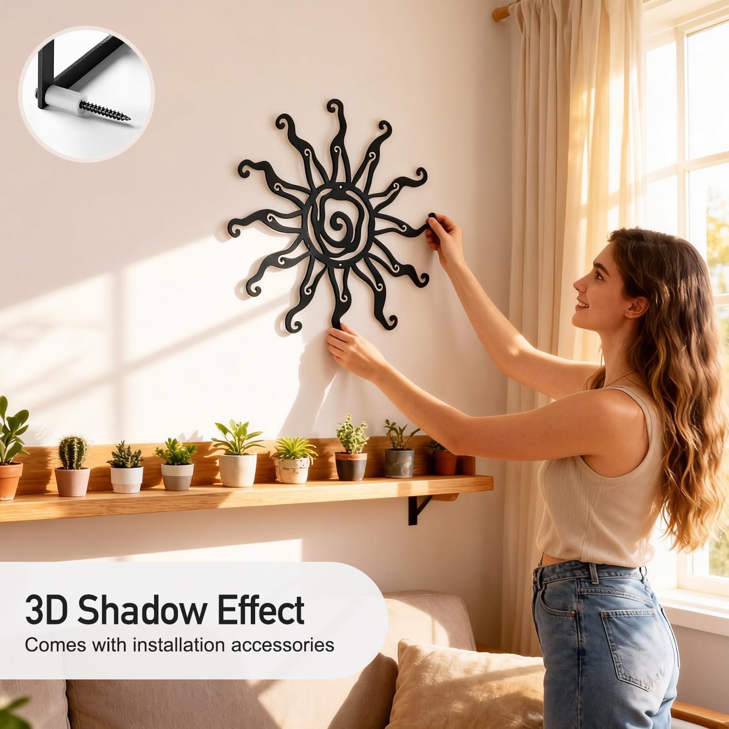 Sokurdeg Black Sun Metal Wall Decor - 22" Large Abstract Farmhouse Minimalism Line Wall Art for Bedroom, Bathroom, Living Room, Corridor and Office
