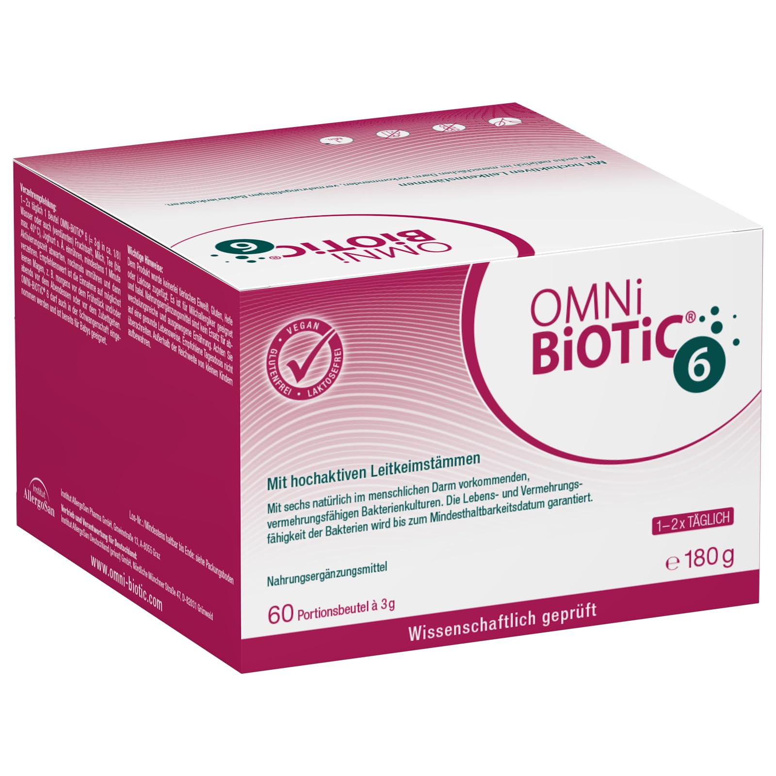 OMNi BiOTiC 6 | Der tägliche Begleiter für ein gutes "Bauchgefühl" | Für jeden Tag und jedes Alter geeignet | 60 Sachets | 6 Bakterienstämme | Pulver | Mit Inulin | Vegan | Glutenfrei