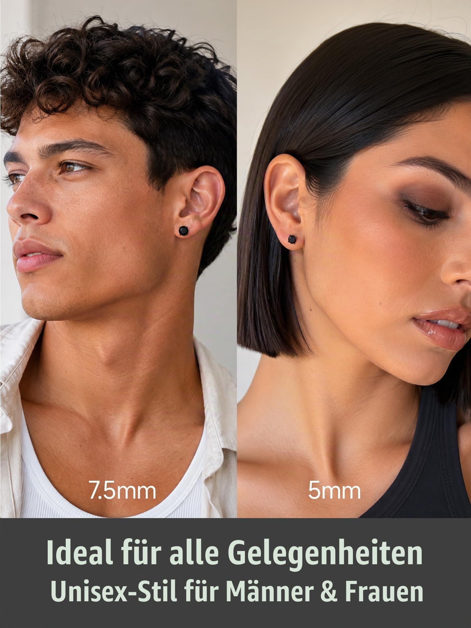 Schwarze Ohrstecker für Herren, Ohrstecker aus 925er Sterlingsilber, hypoallergene runde Zirkonia-Ohrringe als Geburtstagsgeschenk, 5–8 mm