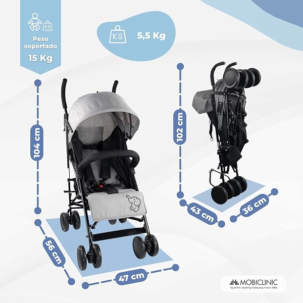 Mobiclinic®, Carrito bebe, Marca española, Plegable, Respaldo reclinable, Doble sistema de seguridad, Ruedas extraíbles, Arnés ajustable 5 puntos, Silla paseo ligera, Gris y negra - 2