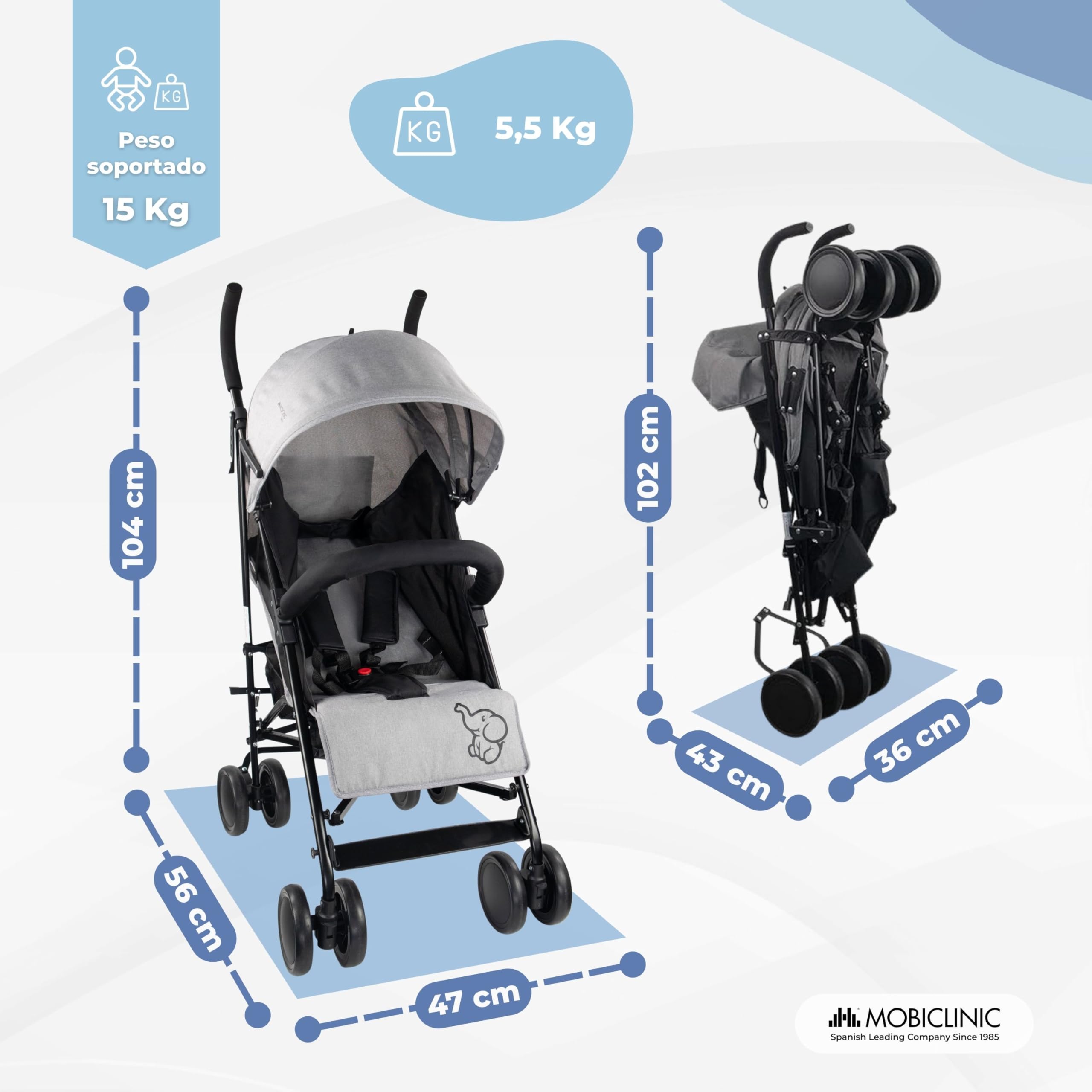 Mobiclinic®, Carrito bebe, Marca española, Plegable, Respaldo reclinable, Doble sistema de seguridad, Ruedas extraíbles, Arnés ajustable 5 puntos, Silla paseo ligera, Gris y negra