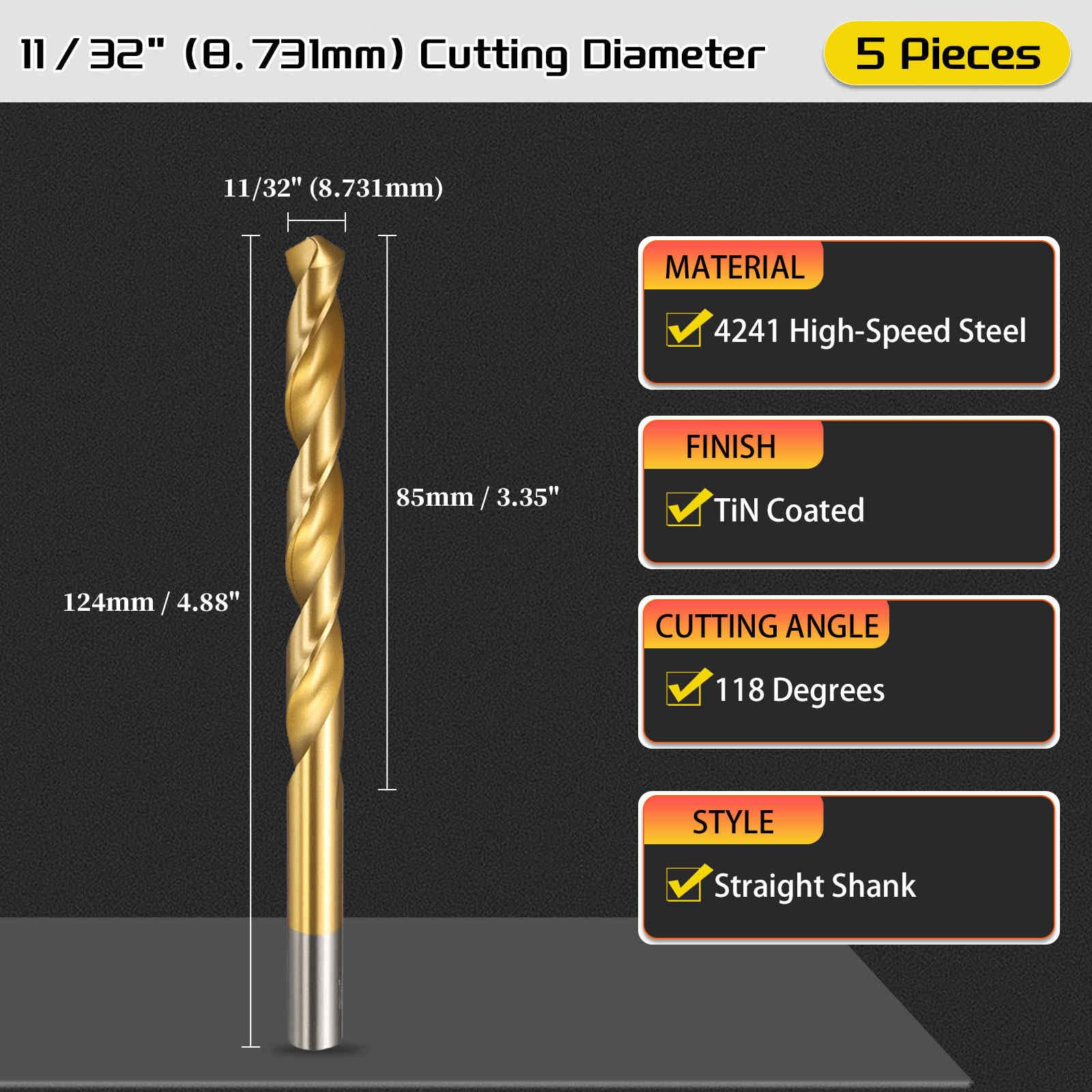 CoCud 8.7mm Drill Bit, 11/32" Cutting Diameter, 4241 HSS TiN Coated 118° Cutting Angle Versatile Jobber Bits - Image 2