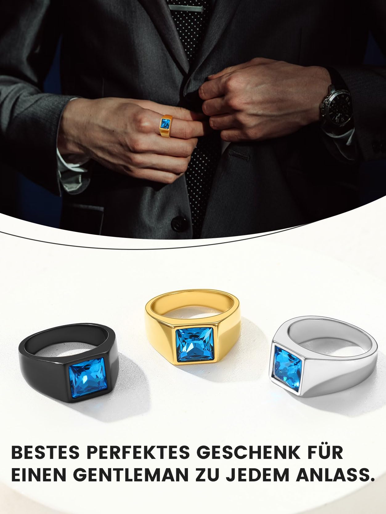 GoldChic Schwarzer/Blauer Stein Ring Herren Damen Siegelring mit Gravur Geburtsstein Edelstahlring Bandring Solitärring Schmuck Größe 54mm bis 72mm wählbar