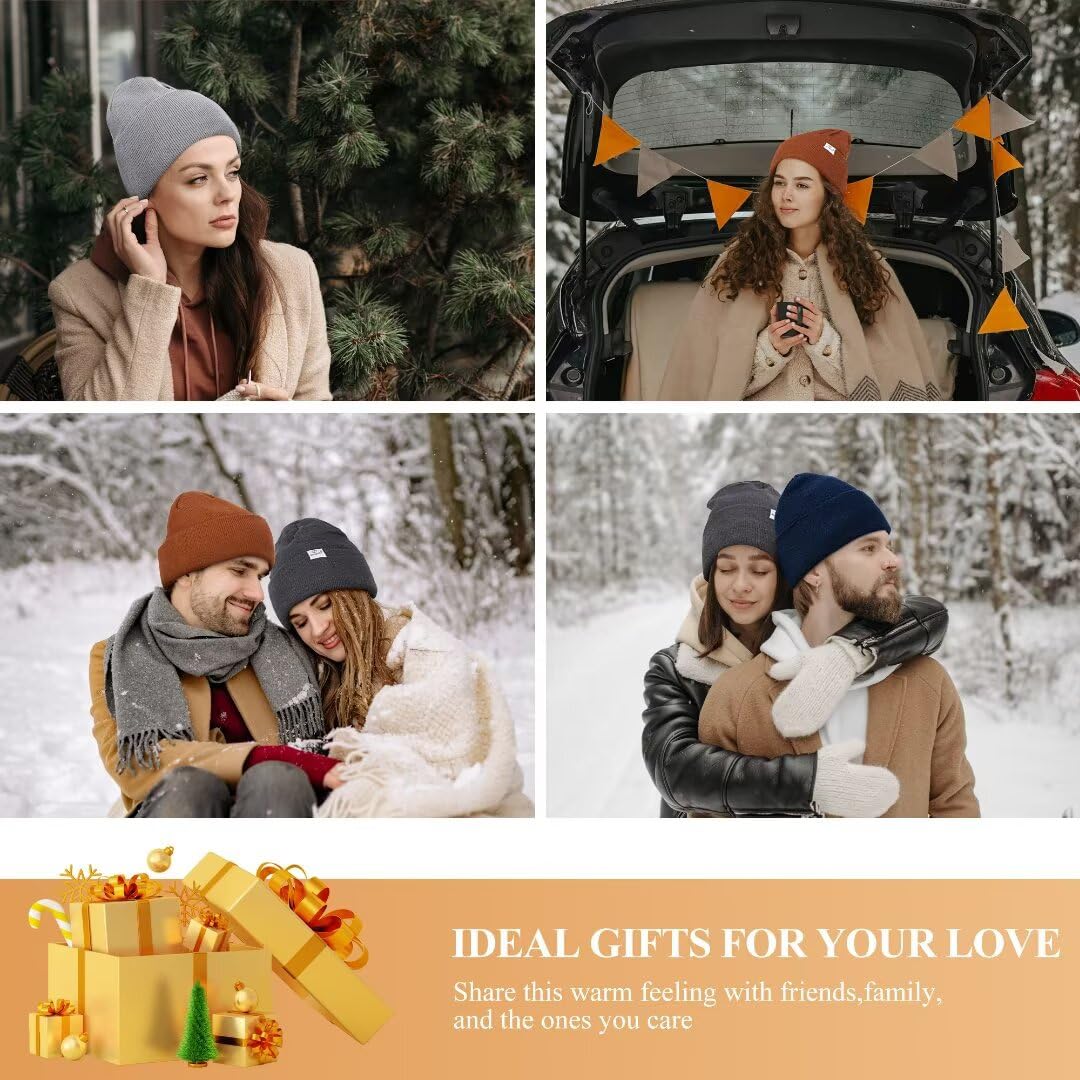 Paquete de 3 Gorros de Invierno con Forro de satén para Mujeres y Hombres, Gorro de Punto Suave y cálido con puños, Negro+Gris Claro+Beige, Talla única